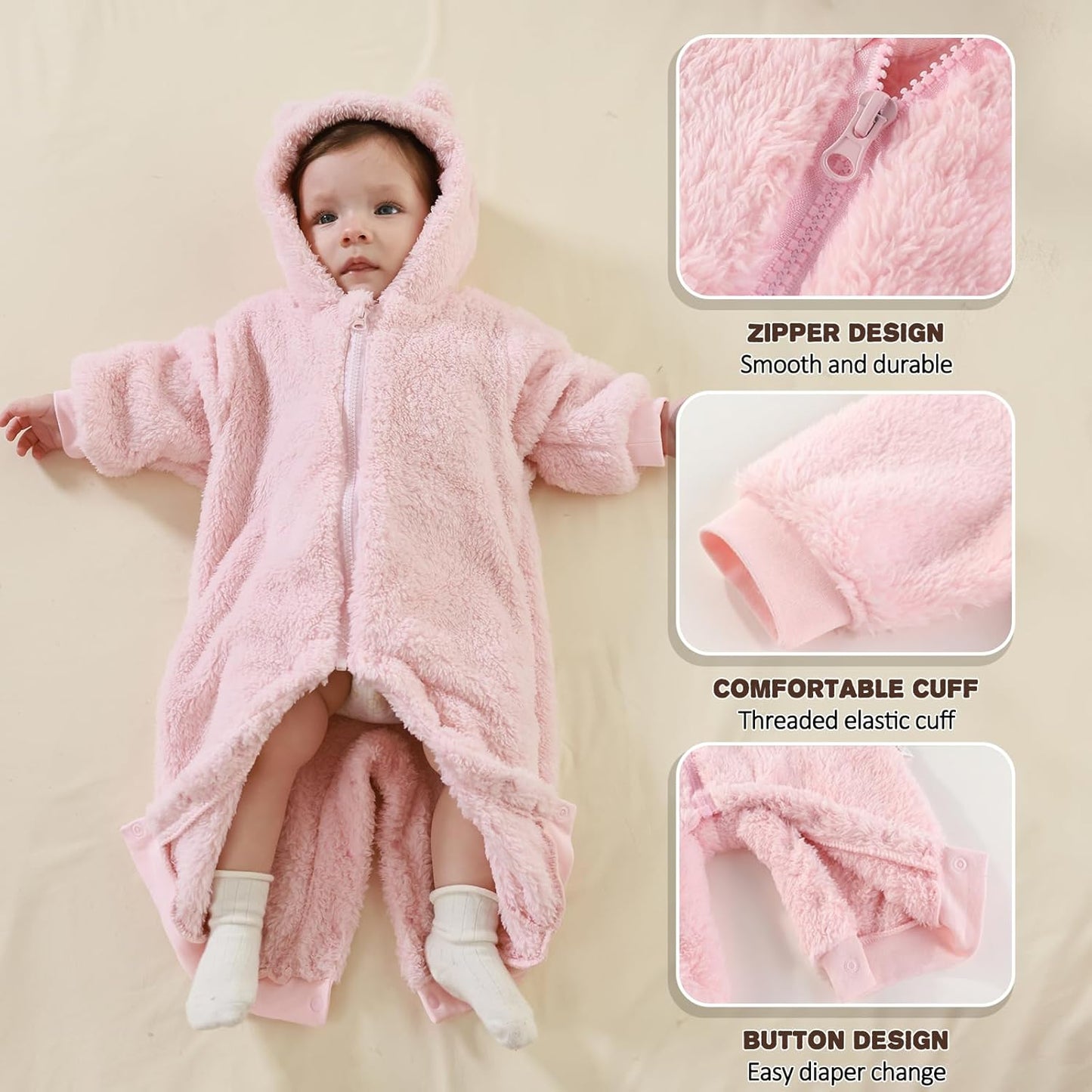 Newborn Baby Bear Outfit Suit Girls Boys Fleece Jumpsuit Romper Hooded Winter Snowsuit Clothes