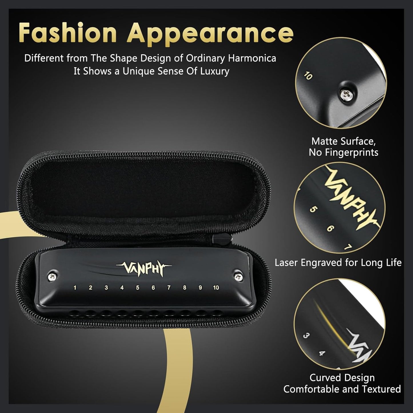 Harmonica VANPHY C Harmonica 10 Holes 20 Tones Blues Diatonic Mouth Organ for Kids Beginners Students Adults & Professionals with Case（Black）