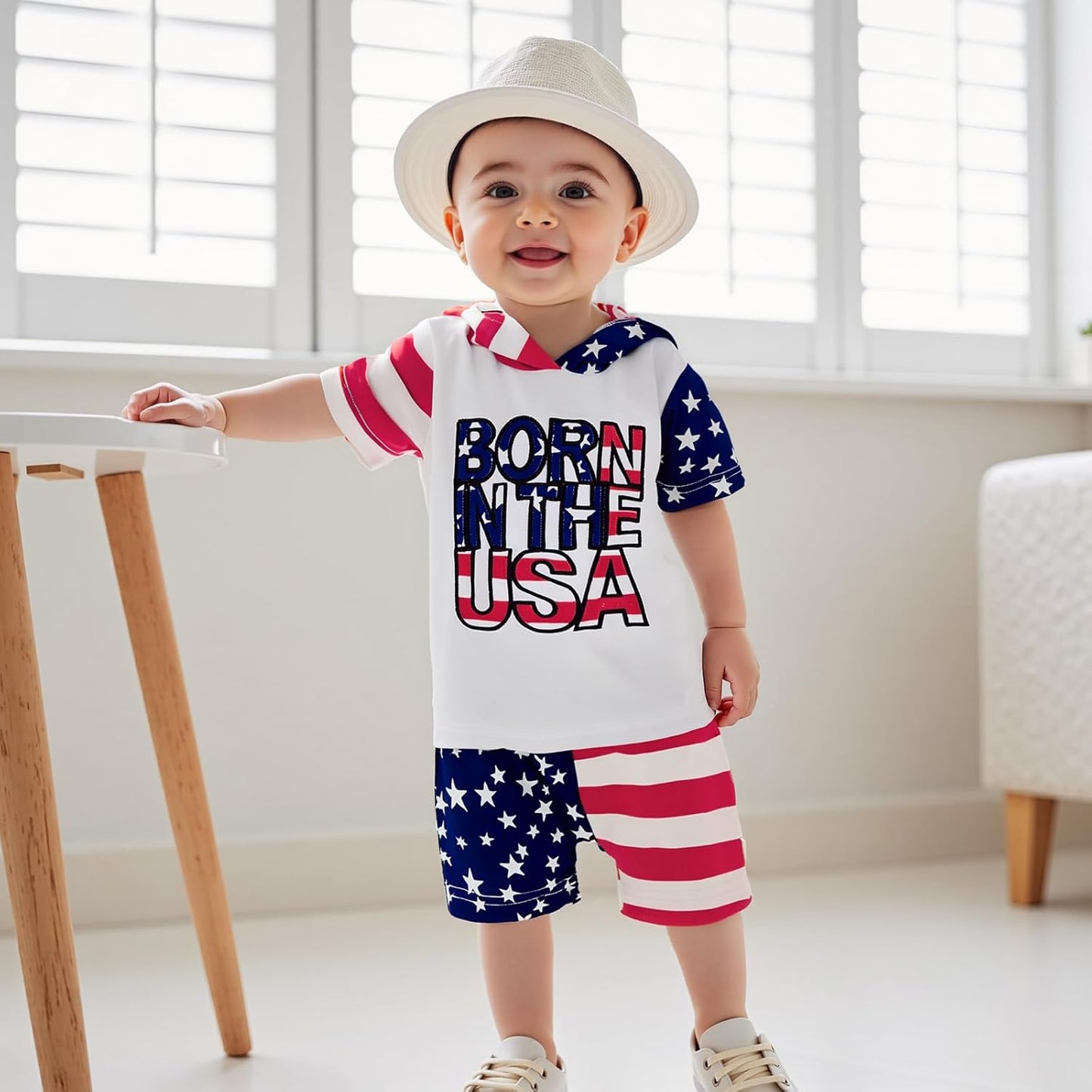 Toddler Baby Boy Summer Hooded Outfit Contrast Color Short Sleeve T Shirt Top Elastic Shorts Summer Clothes Set
