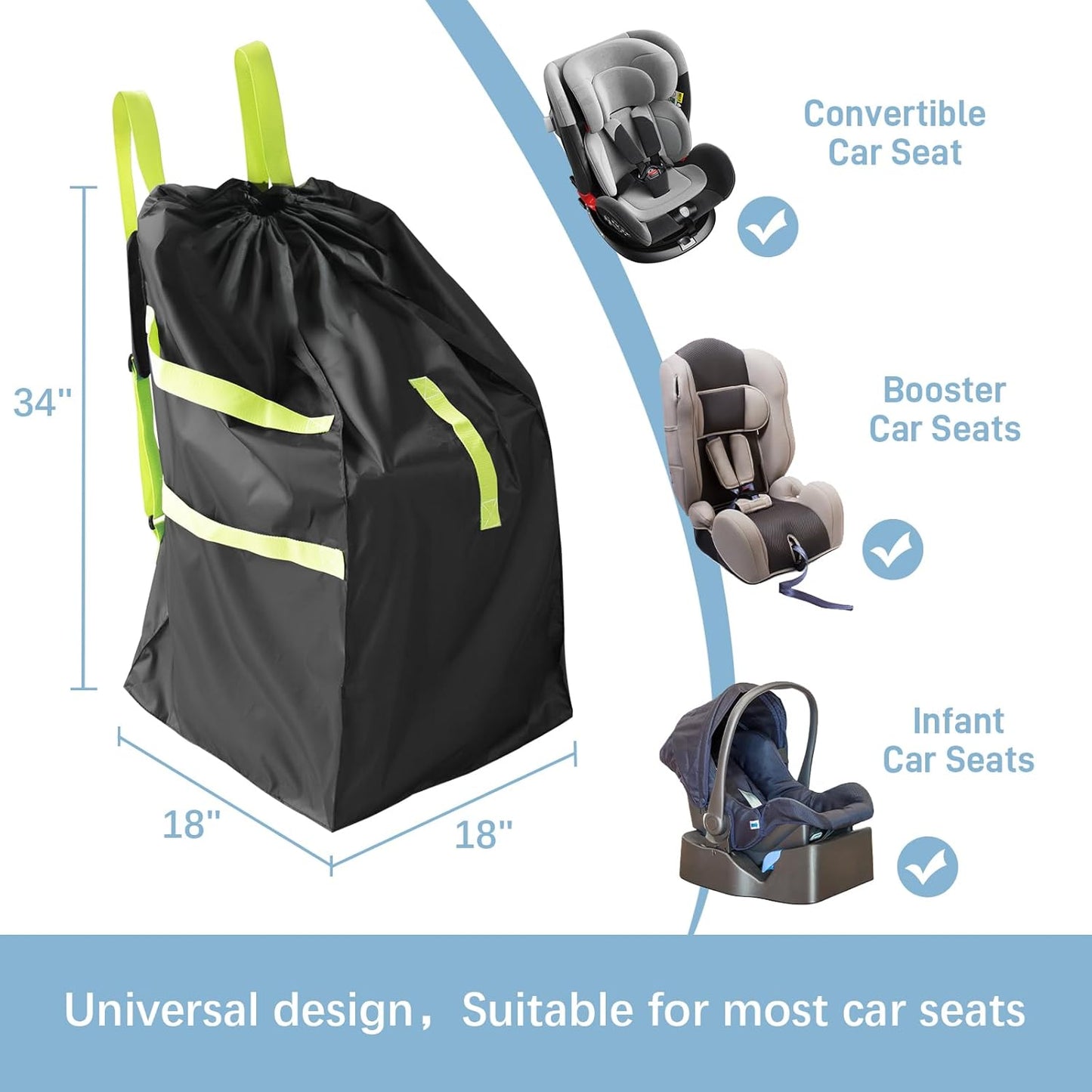 Car Seat Travel Bag for Airplane, Water-Resistant Gate Check Bag with Adjustable Carry Straps, Universal Fit, Durable Carseat Cover For Airplane Travel, Black