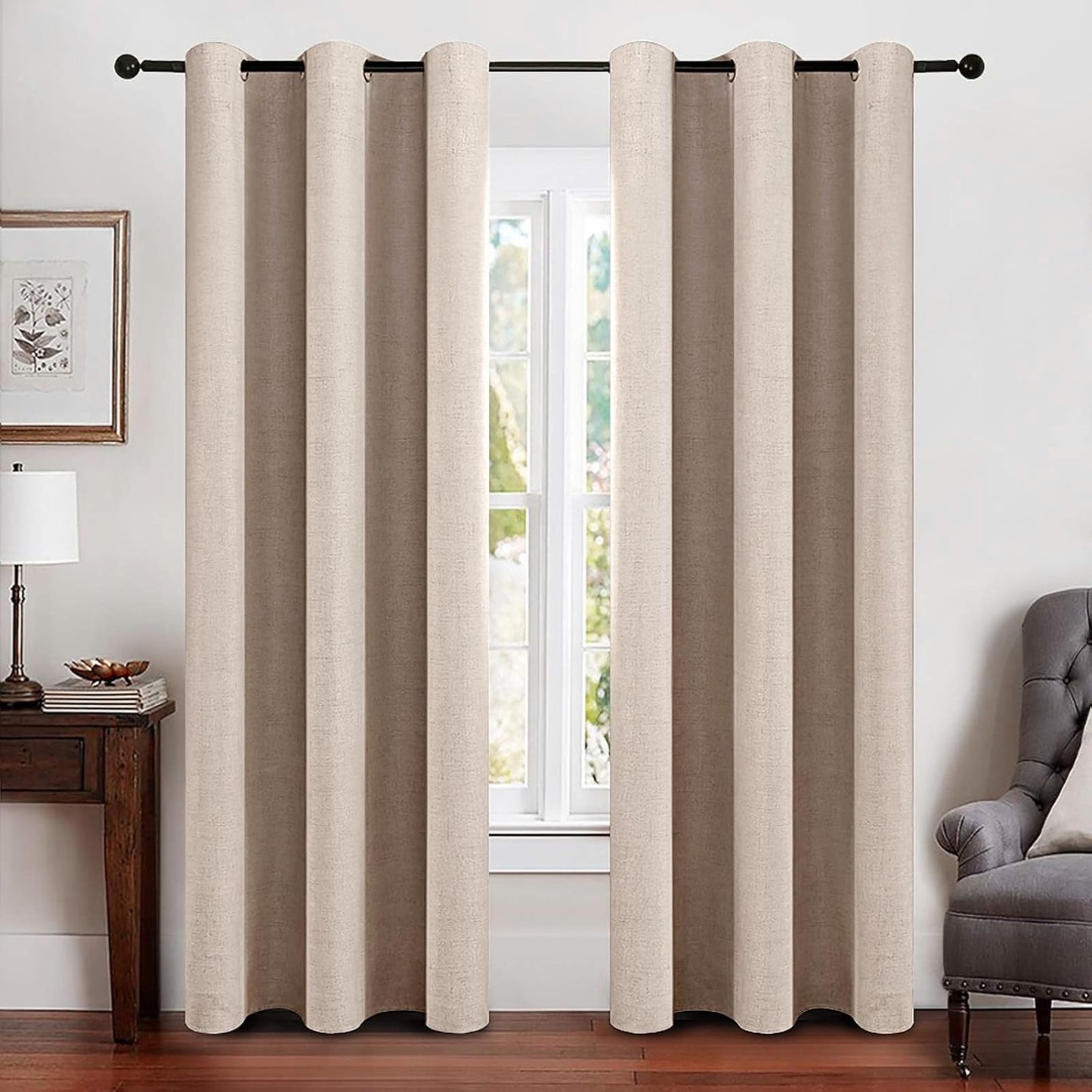 MIULEE 100% Blackout Linen Texture Curtains Soild Thermal Insulated Natural Beige Curtains Grommet Room Darkening Curtains & Drapes for Living Room Bedroom Nursery 42 x 84 (2 Panels)