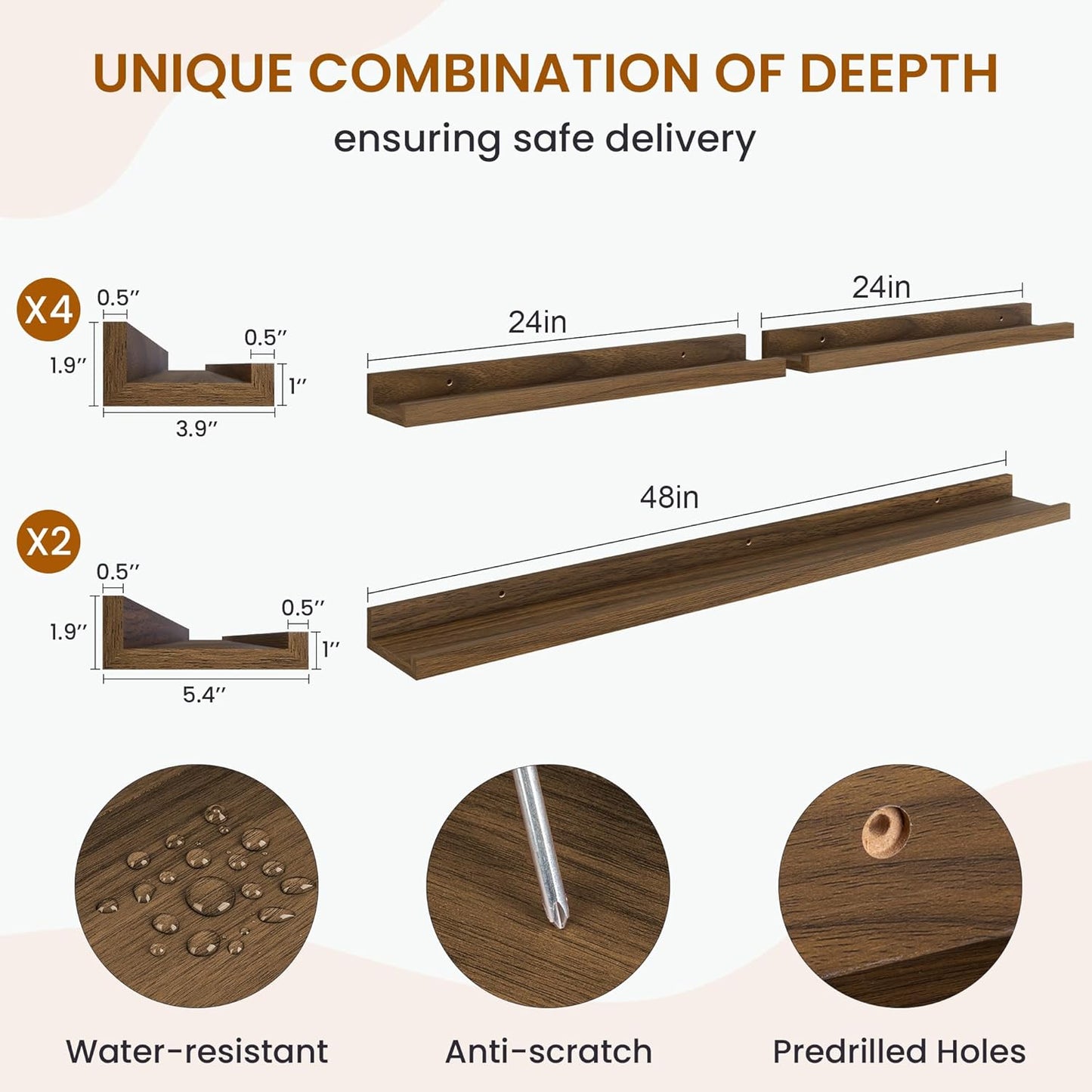 Axeman Picture Ledge Shelf, Floating Shelves for Wall Decor Storage Set of 6, 48 inch Floating Wall Mounted Shelves, Wall Shelves with Lip for Living Room, Bedroom, Nursery, Bathroom, Kitchen, Walnut