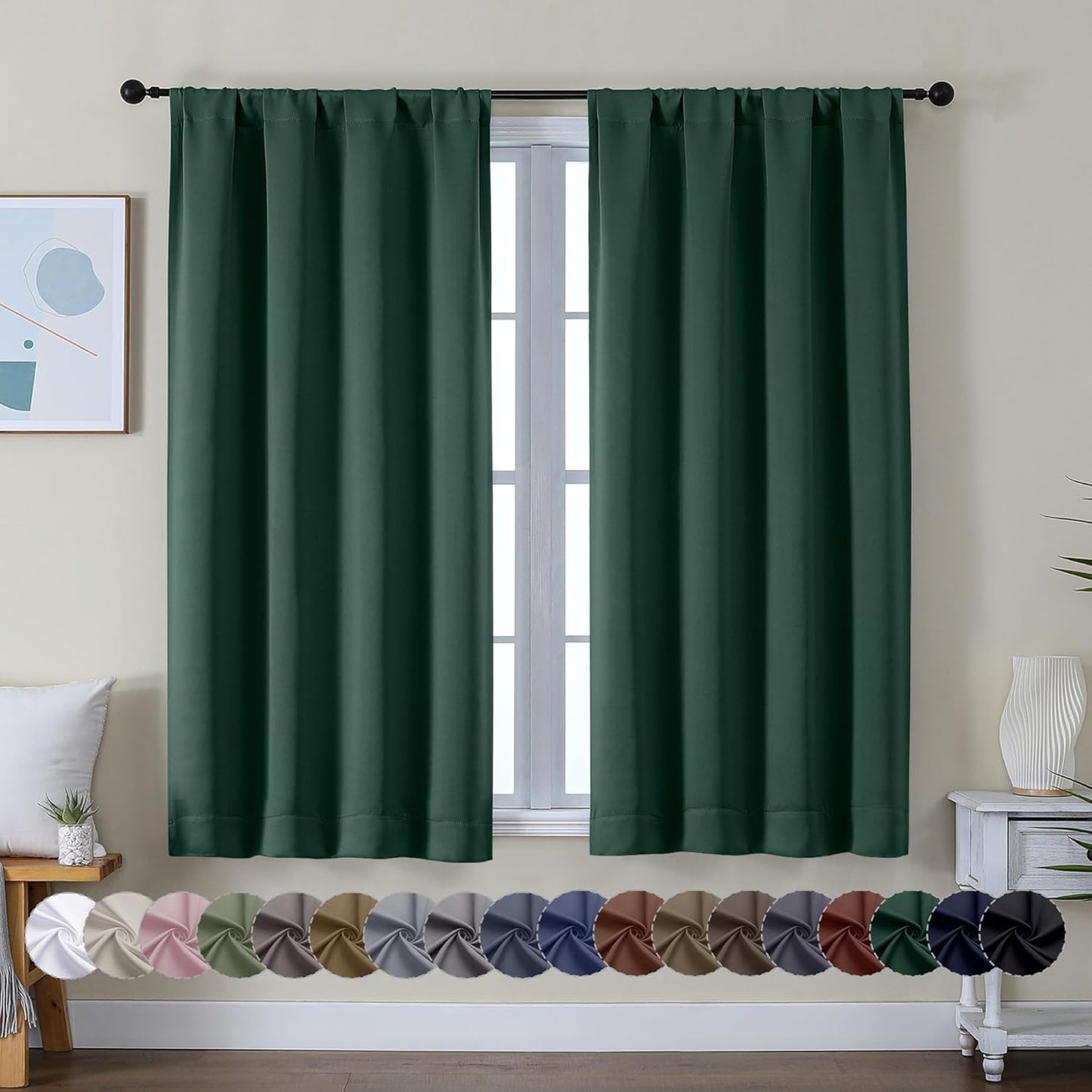 Simplebrand Ava Ever Green Short Blackout Curtains for Bedroom 54 Inches Long 2 Panels Set, Solid Thermal Insulated, Energy Saving Window Treatment Curtains Blackout Drapes, W40 x L54 Inch, Ever Green