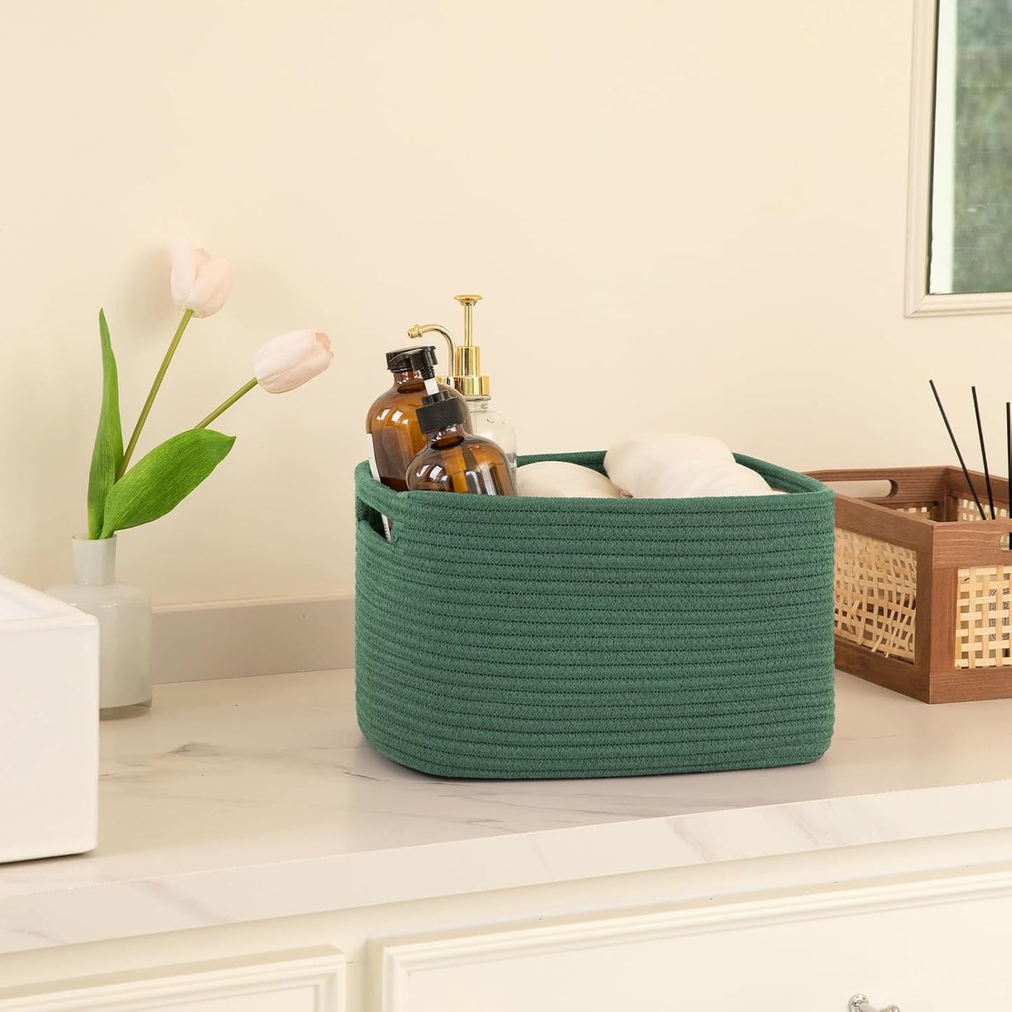 OIAHOMY 4 Pack Storage Baskets for Organizing, Cube Storage Bins for Shelves, Rectangle Storage Baskets With Handles, Woven Baskets for Storage, 12.7''Lx9''Wx7.8''H, Green