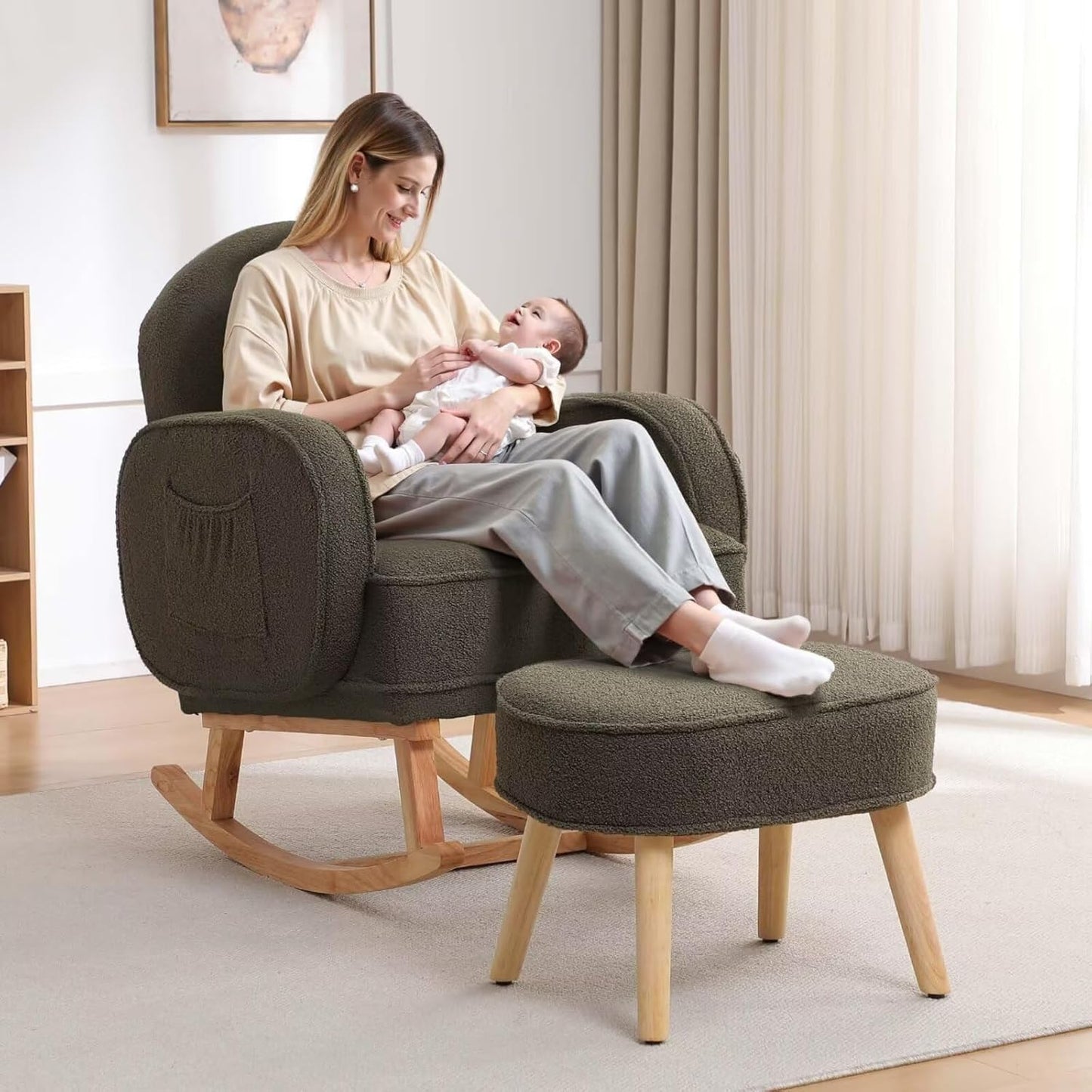 Rocking Chair with Ottoman, Upholstered Nursery Glider Rocker with High Backrest and Side Pocket, Teddy Rocking Accent Armchair with Solid Wood Legs for Nursery, Living Room, Bedroom Green