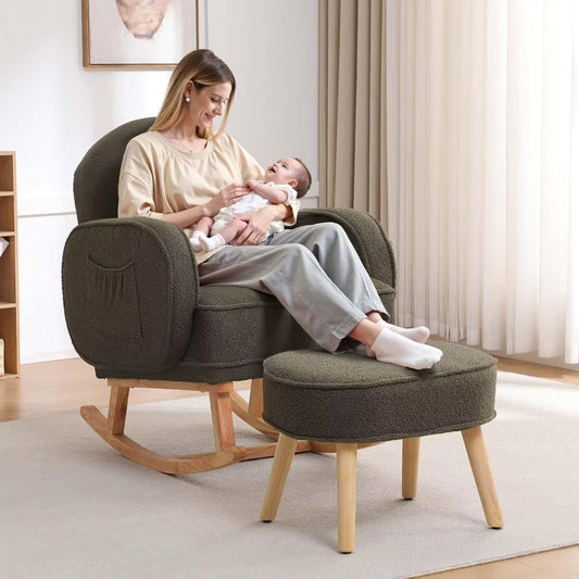 Rocking Chair with Ottoman, Upholstered Nursery Glider Rocker with High Backrest and Side Pocket, Teddy Rocking Accent Armchair with Solid Wood Legs for Nursery, Living Room, Bedroom Green