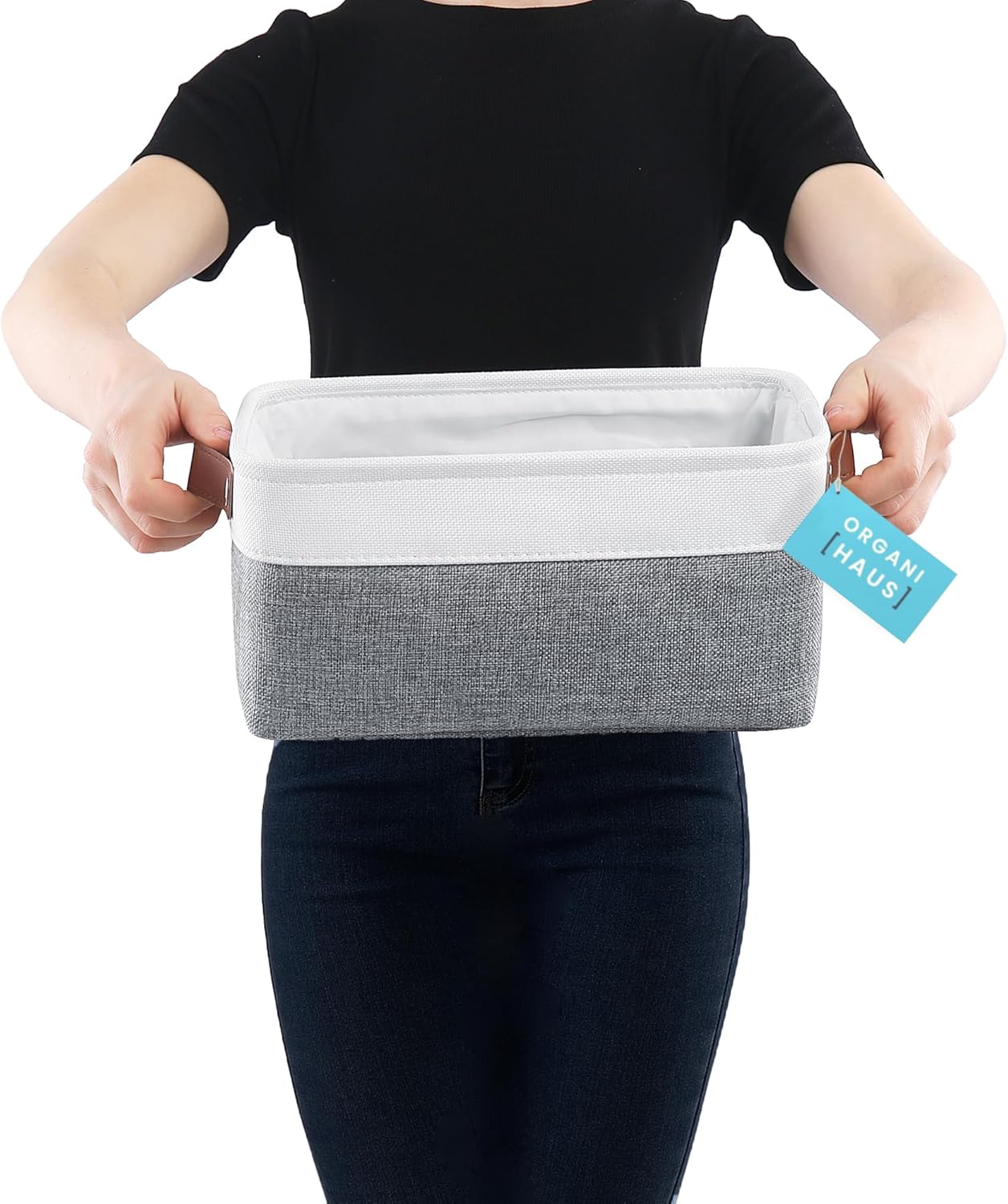 OrganiHaus Small Fabric Storage Bins for Shelves 6 Pack, 12x8in Closet Storage Bins for Shelves, Cloth Baskets for Organizing, Linen Closet Organizers, Fabric Basket, Gray/White