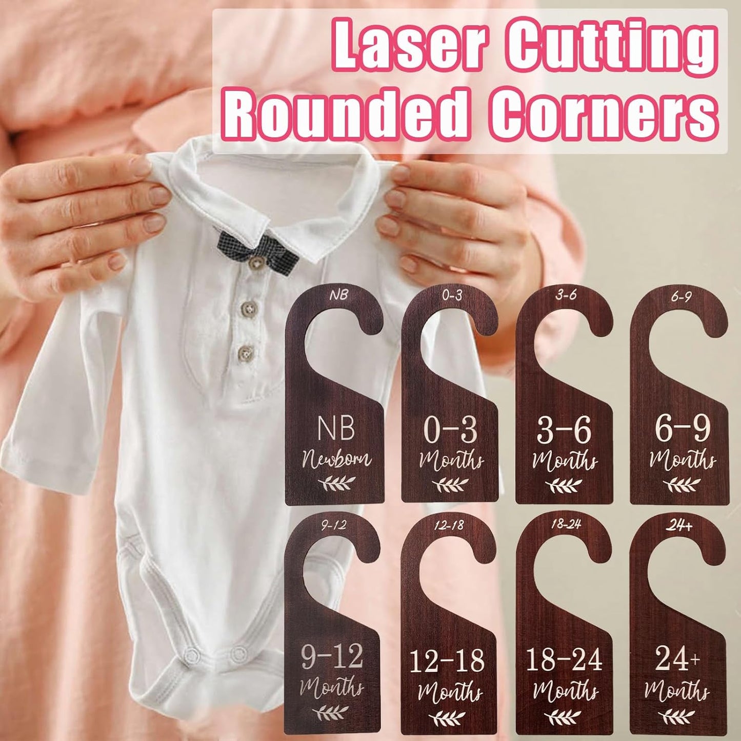 Baby Closet Dividers, Hanging Wooden Double-Sided Nursery Decor Closet Dividers for Baby Clothes, Baby Clothes Dividers for Newborn to 24 Months Size Clothes (Brown, 8pcs)