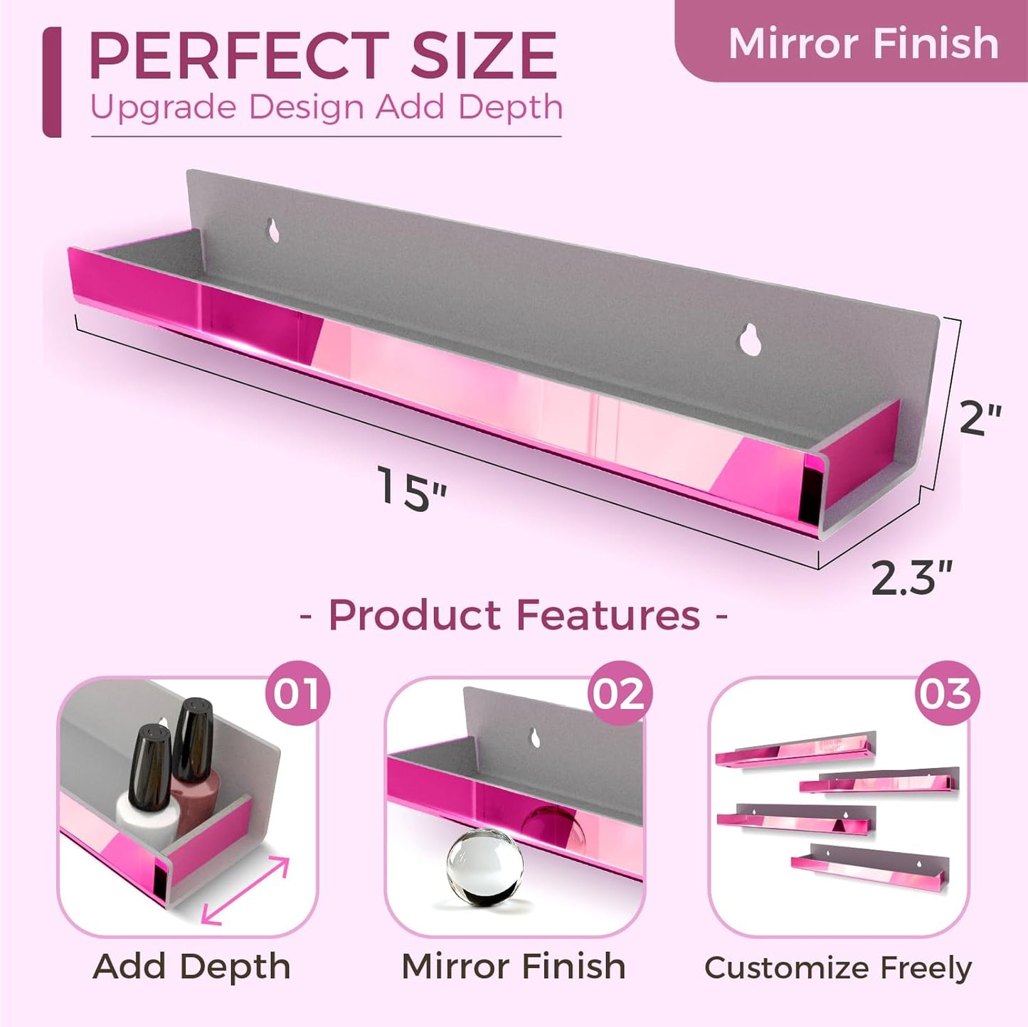 4 Pack 15 Inch Pink Reflective Acrylic Shelves, Pink Floating Shelves, Modern Sunglasses Essential Oil Picture Ledge Display Toy Storage Shelf