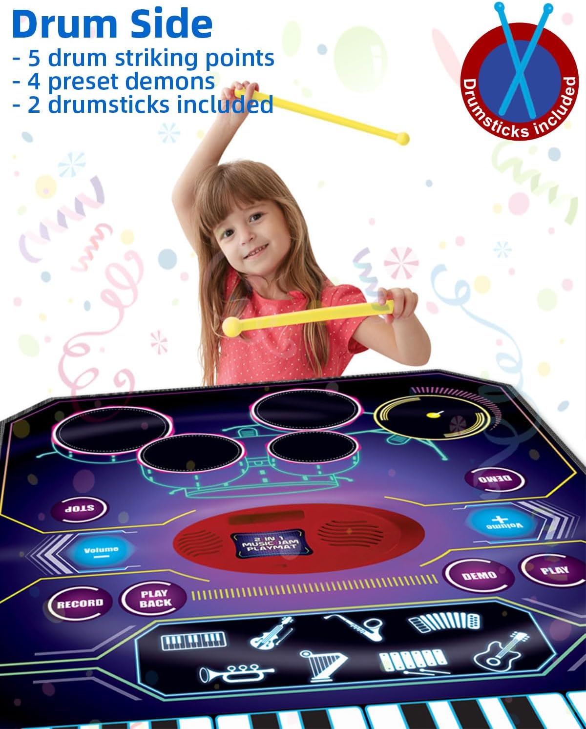 SUNLIN 2-in-1 Music Jam Mat, Music Learning Toy for Boys Girls 3-6, Drum Set + Piano Mat, Toddler Birthday Gift 3 4 5 6 Years, Record & Playback, Built-in Songs, 8 Instrument Sounds, Volume Control
