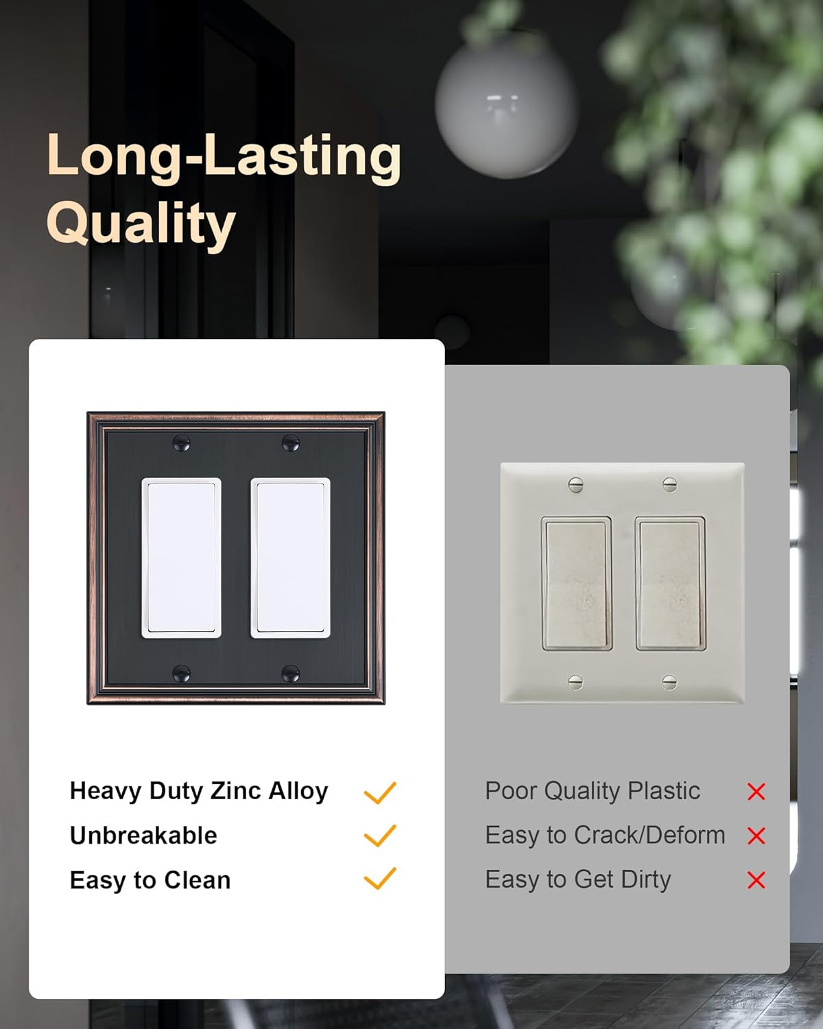 2-Pack Decorative Double Decorator Outlet Cover Plate, Durable Zinc Alloy Aged Bronze Wall Plates for Electrical Outlets, Receptacle, GFCI Outlet, Dimmer Switch, 2-Gang, Corrosion Resistant