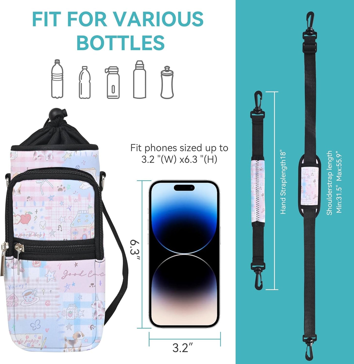 AUPET Water Bottle Sling Bag Sleeve Holder Carrier 25/32/40/64 oz,Insulated Crossbody Water Bottle Case Cover with Strap and Pockets for Men/Women Walking Hiking