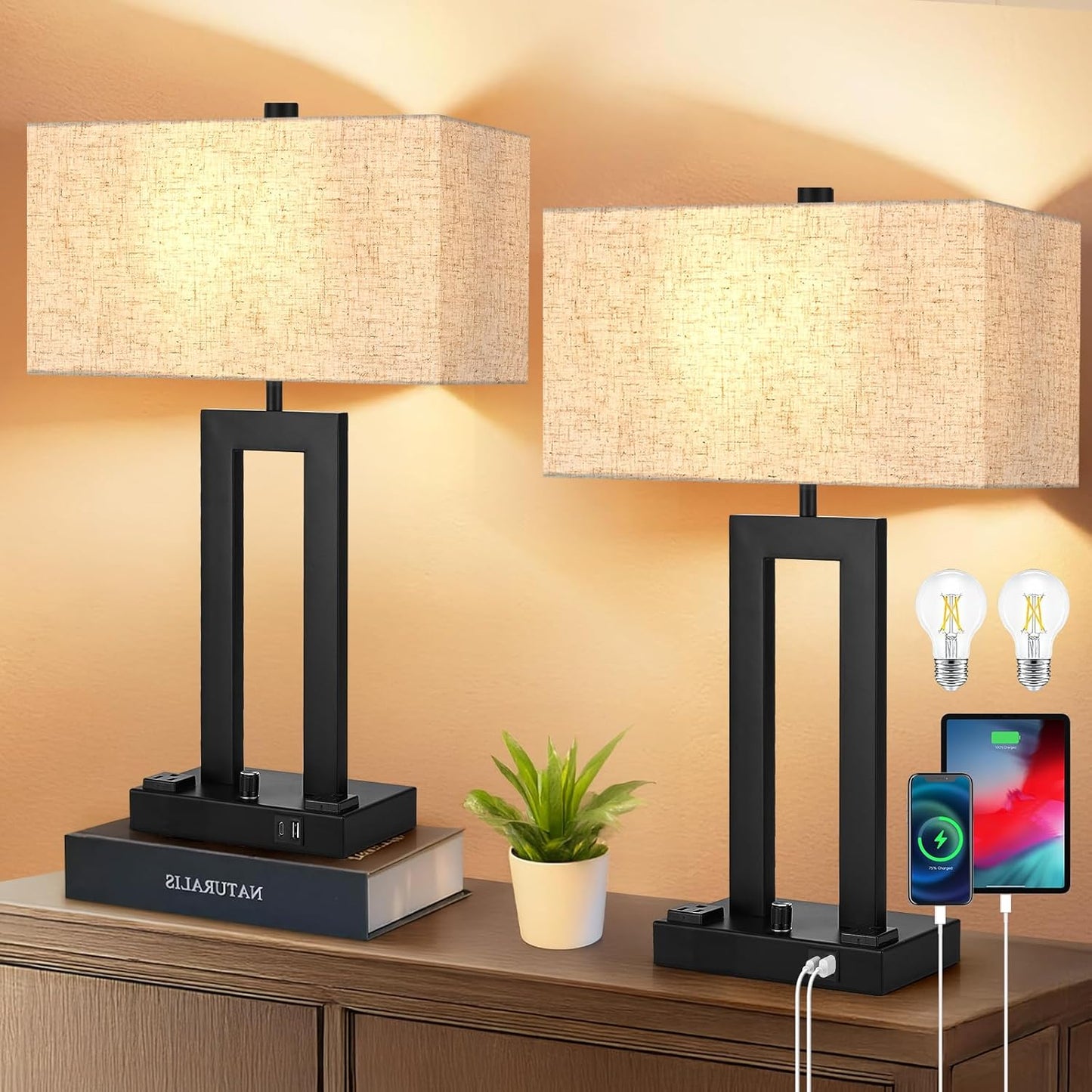 Modern Table Lamps Set of 2-22" Tall Bedside Lamps with USB-C/USB-A Charge Ports & Outlet, Stepless Dimmable Fabric Cream Shade Nightstand Lamps for Bedroom & Living Room