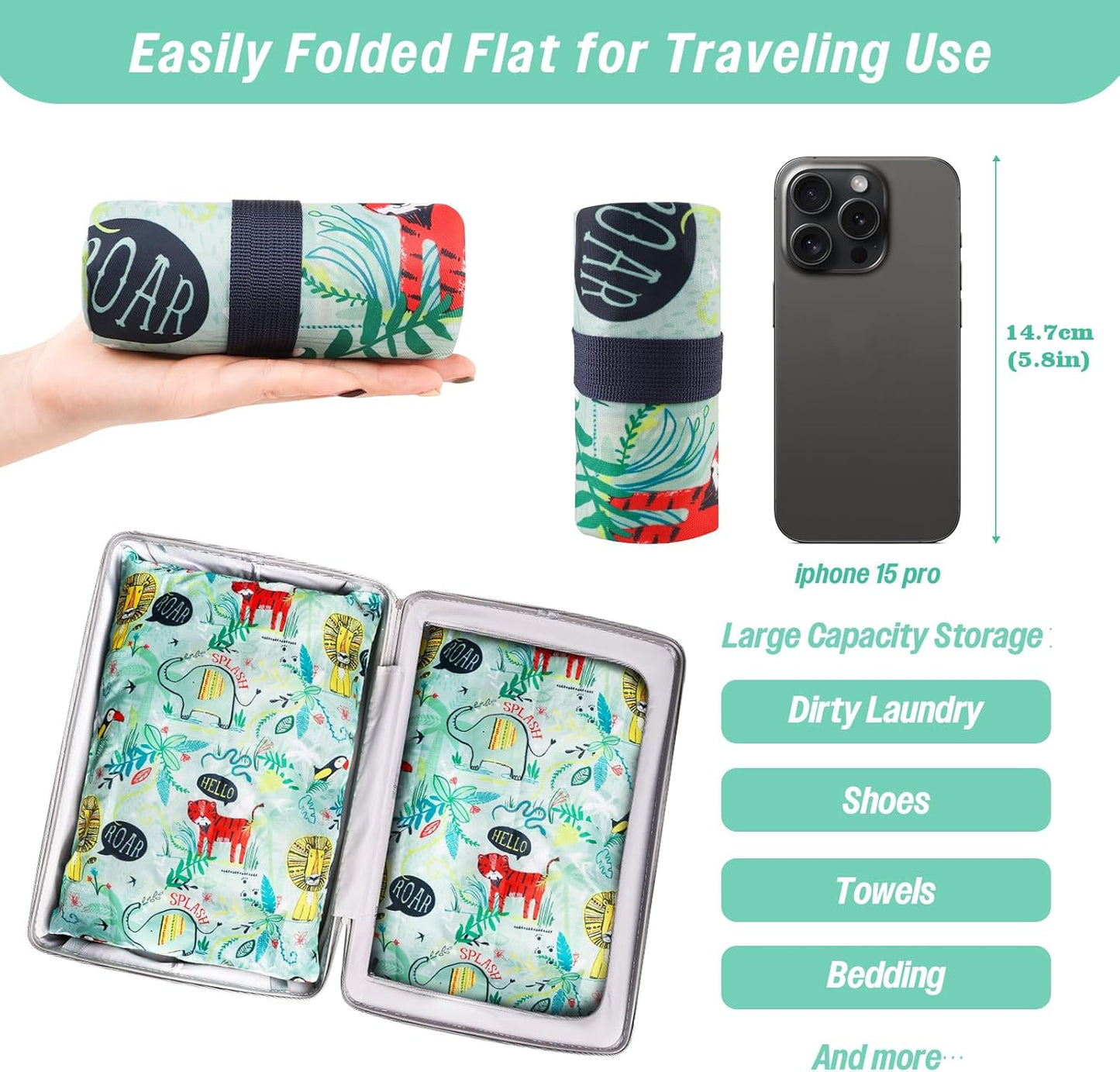 MissBoy Laundry Bags, 2 Pack Waterproof Travel Laundry Bag, Reusable and Washable Dirty Clothes Storage Bag with Zip Closure for Home, Travel, Camping, Caravan, Dormitory, 24"x17"