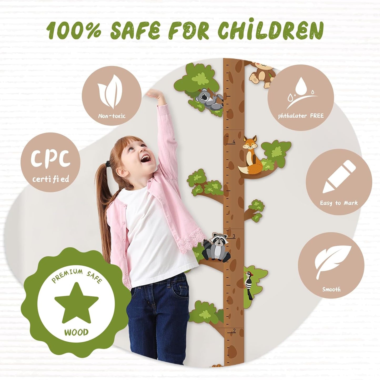 Personalized Name Growth Chart for Kids – Wooden Tree Wall Height Chart, Children's Height Measurement Ruler 62.5" x 14.9"