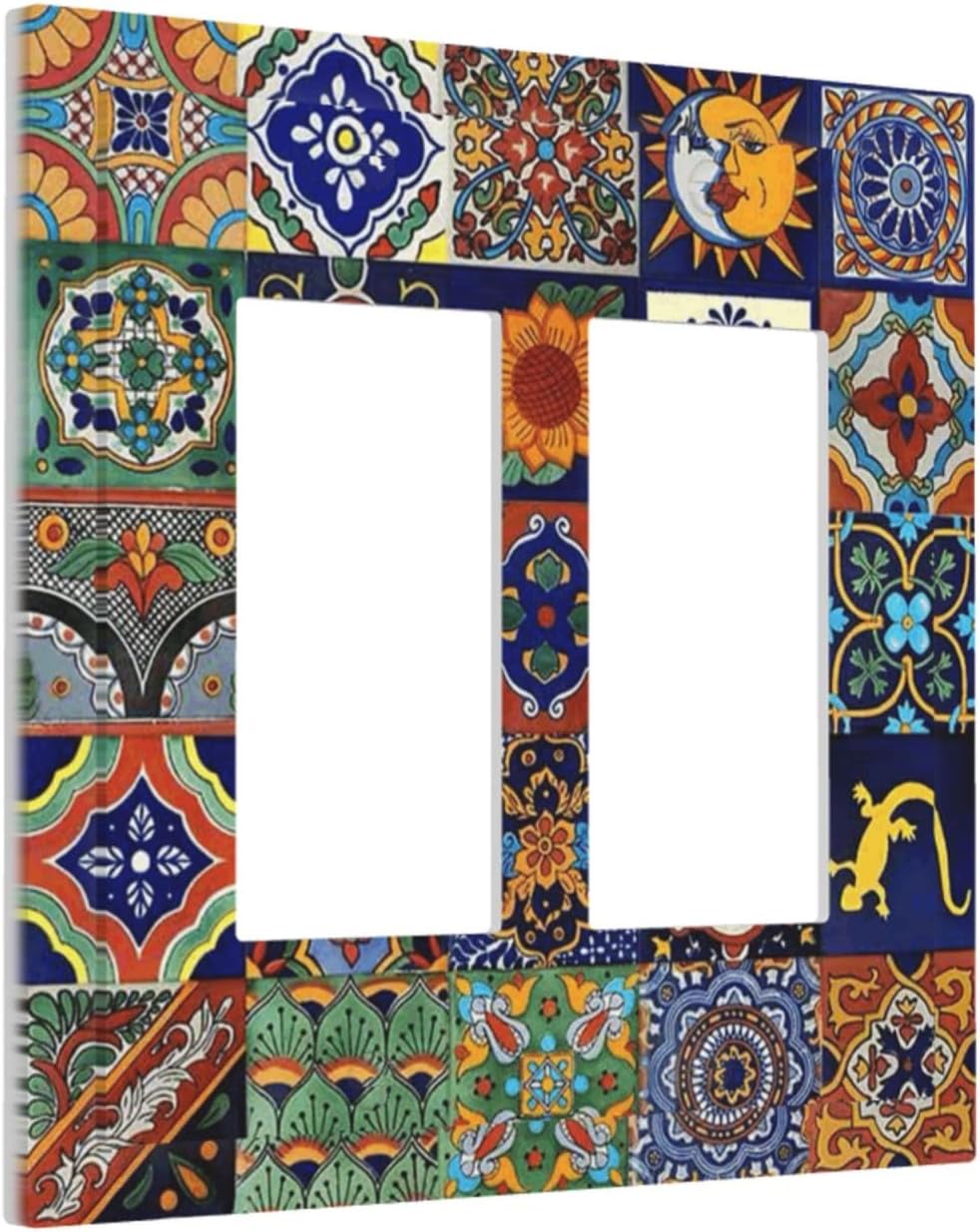 Talavera Mexican Tiles Traditional Color Decoration Print Decorative Outlet Covers 2 Gang Double GFCI Rocker Electrical Wall Panels Light Switch Cover Plate for Kitchen Bathroom Decor