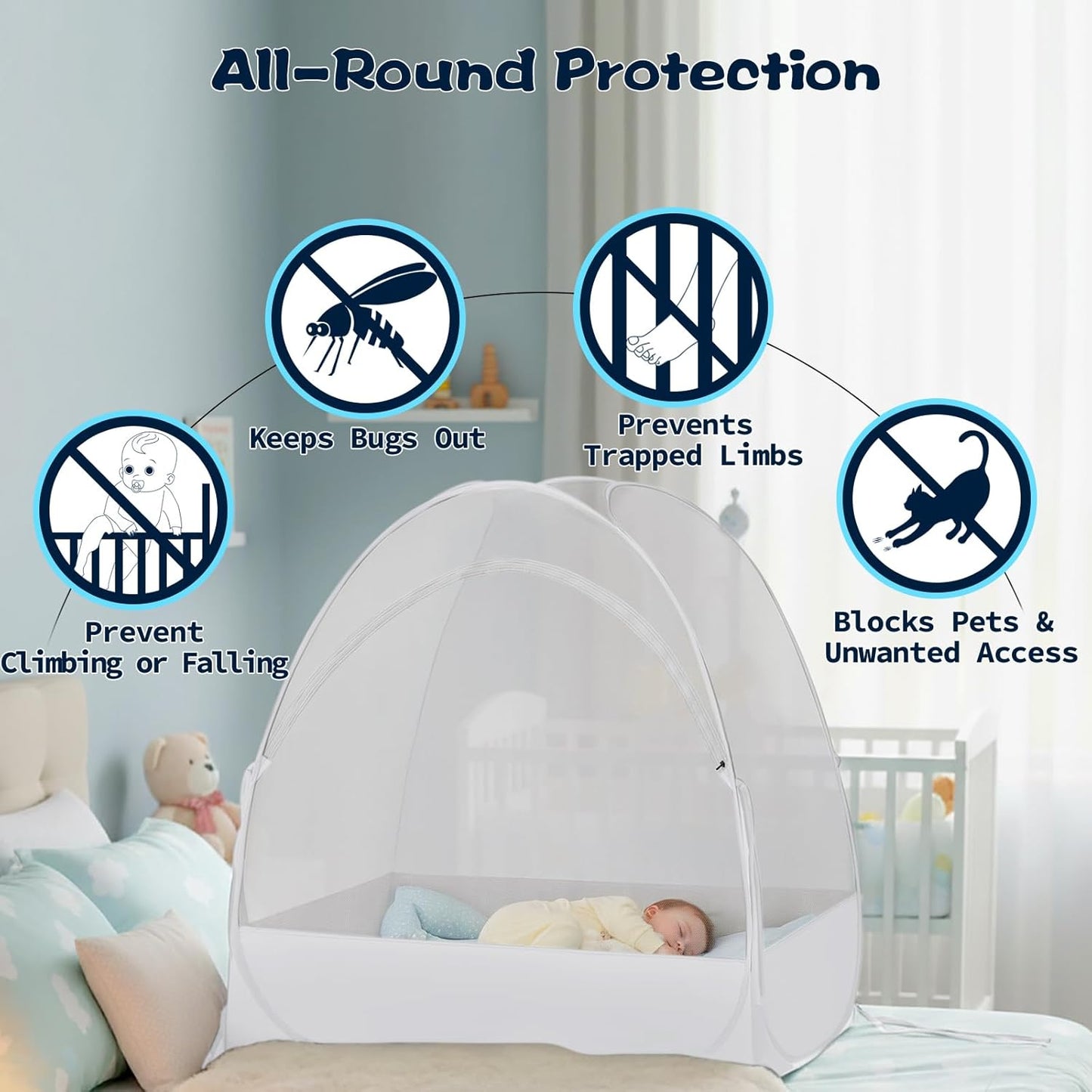 Akiky Large Pop Up Mosquito Net Crib Tent to Keep Baby from Climbing Out Baby Girl Netting Cover Canopy for Naps at Home&Traveling(White)