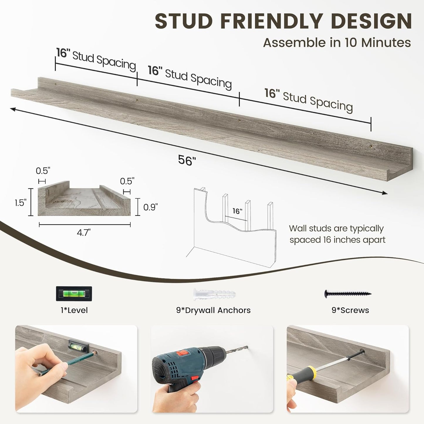 Picture Ledge Shelf, 56 Inch Elm Wood Floating Shelves for Wall, Nursery Bookshelf for Storage with Lip, Photo & Picture Ledge Shelves for Bedroom, Living Room, Kitchen (Grey, 56in Set of 2)