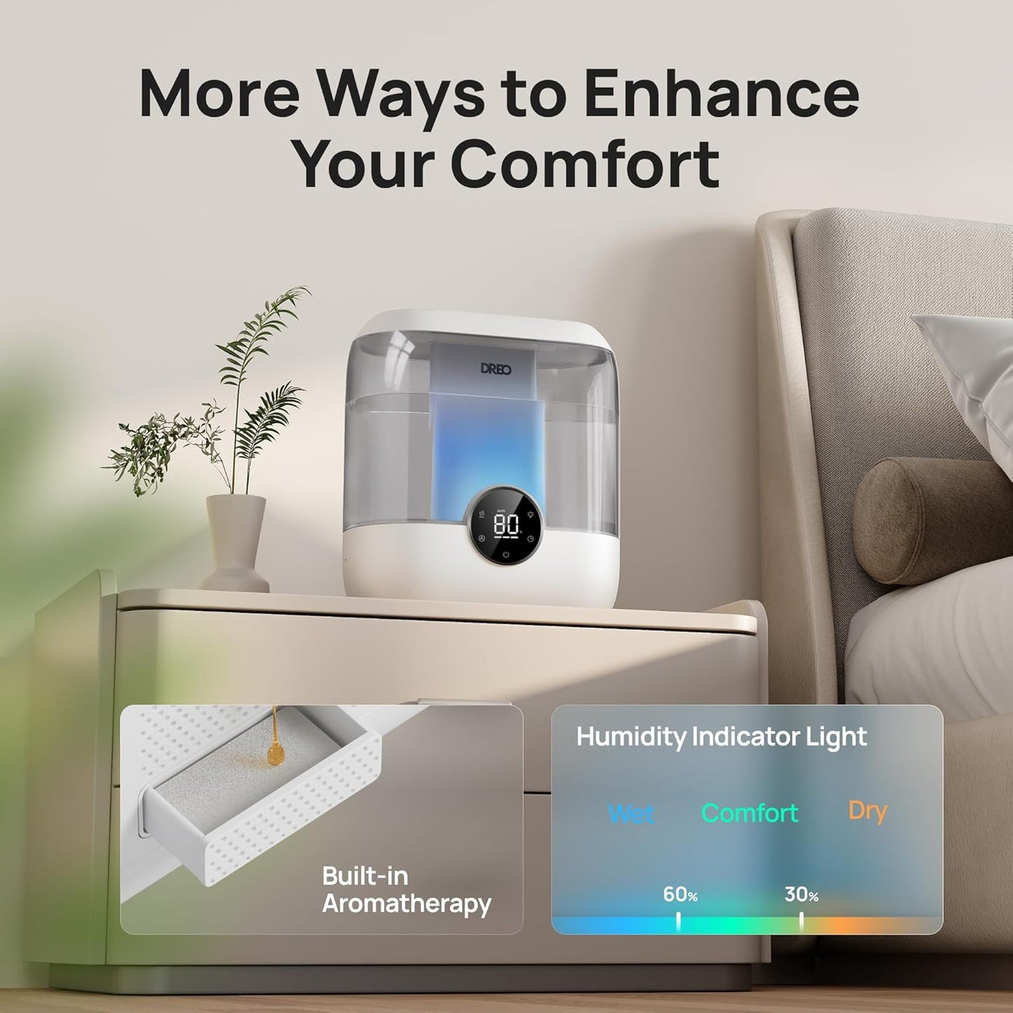 Dreo 6L Humidifiers for Bedroom, Quiet Supersized Cool Mist Ultrasonic Humidifier with Diffuser, 60 Hour Runtime for Home, Nursery, Plant, Gray