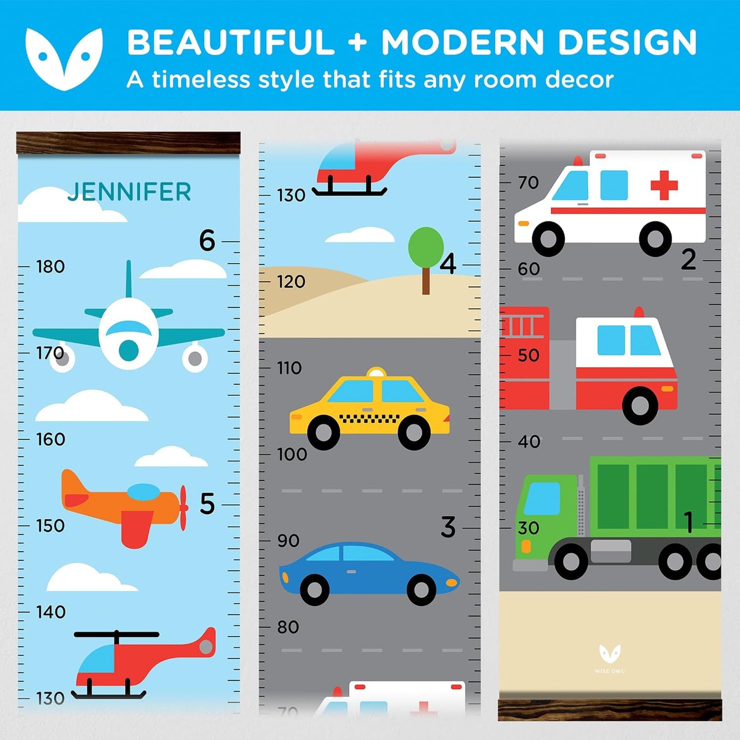 WISE OWL Personalized Growth Chart for Kids - Height Wall Chart for Boys with Peel & Stick Letters for Name - Hanging Canvas Wall Measurement Height Tracker for Baby Gift (Vehicles)