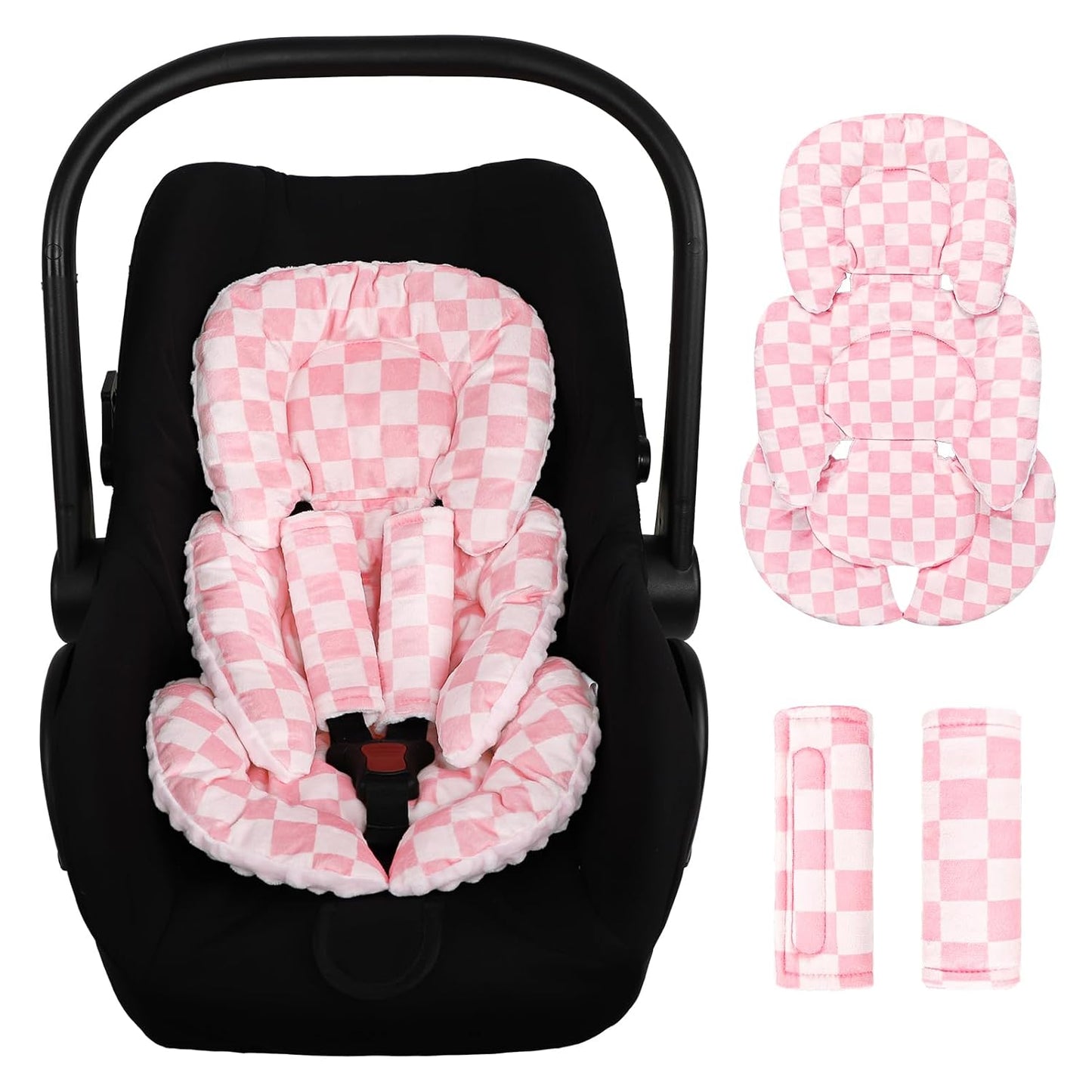 Infant Car Seat Insert Cushion, Baby Car Seat Head Body Support for Girls & Boys, Reversible Newborn Car Seat Insert with 2 Extra Strap Paddings, Premature Car Seat Cushion, Pink Checkerboard