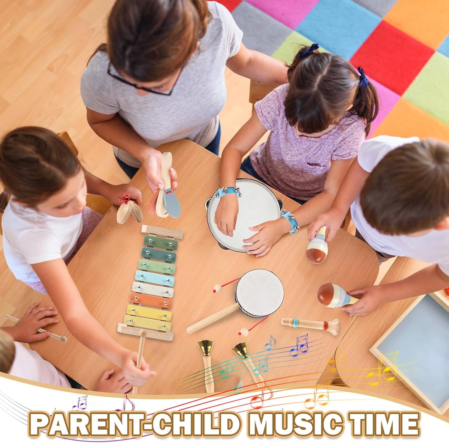 11 in 1 Baby Musical Instruments-Montessori Wooden Toys for Toddlers 1-3, Neutral Colors Percussion Instruments with Modern Boho Xylophone for Kids Preschool Educational 3+ with Storage Bag