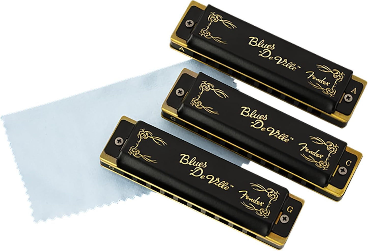 Fender Blues DeVille Harmonica - 3 Pack Bundle with Case, Austin Bazaar Instructional Manual, and Polishing Cloth