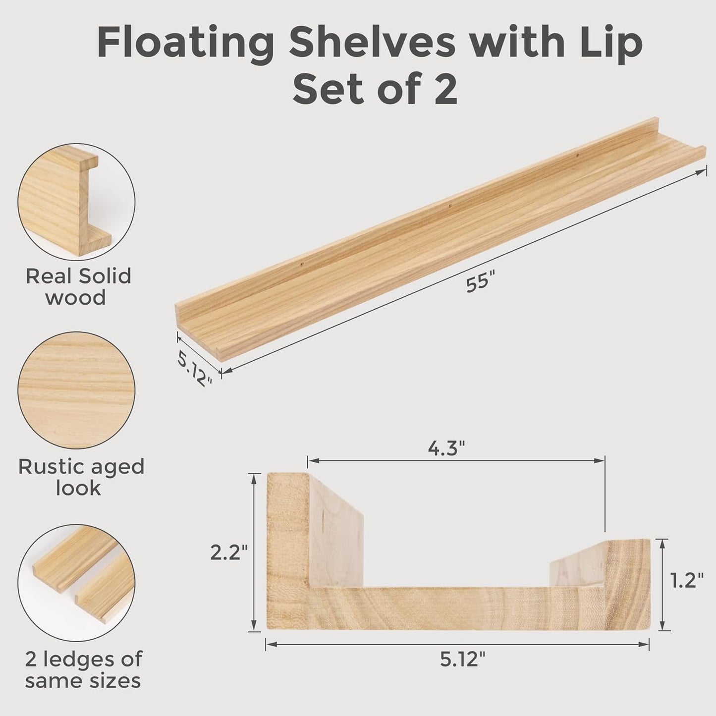 Picture Ledge Shelf, Floating Shelves Set of 2, 55 Inches Long Large Nursery Book Shelves for Toys Storage, Kids Bookshelf Wall Mounted for Living Room Bedroom Decor Books Photo Frames, Natural