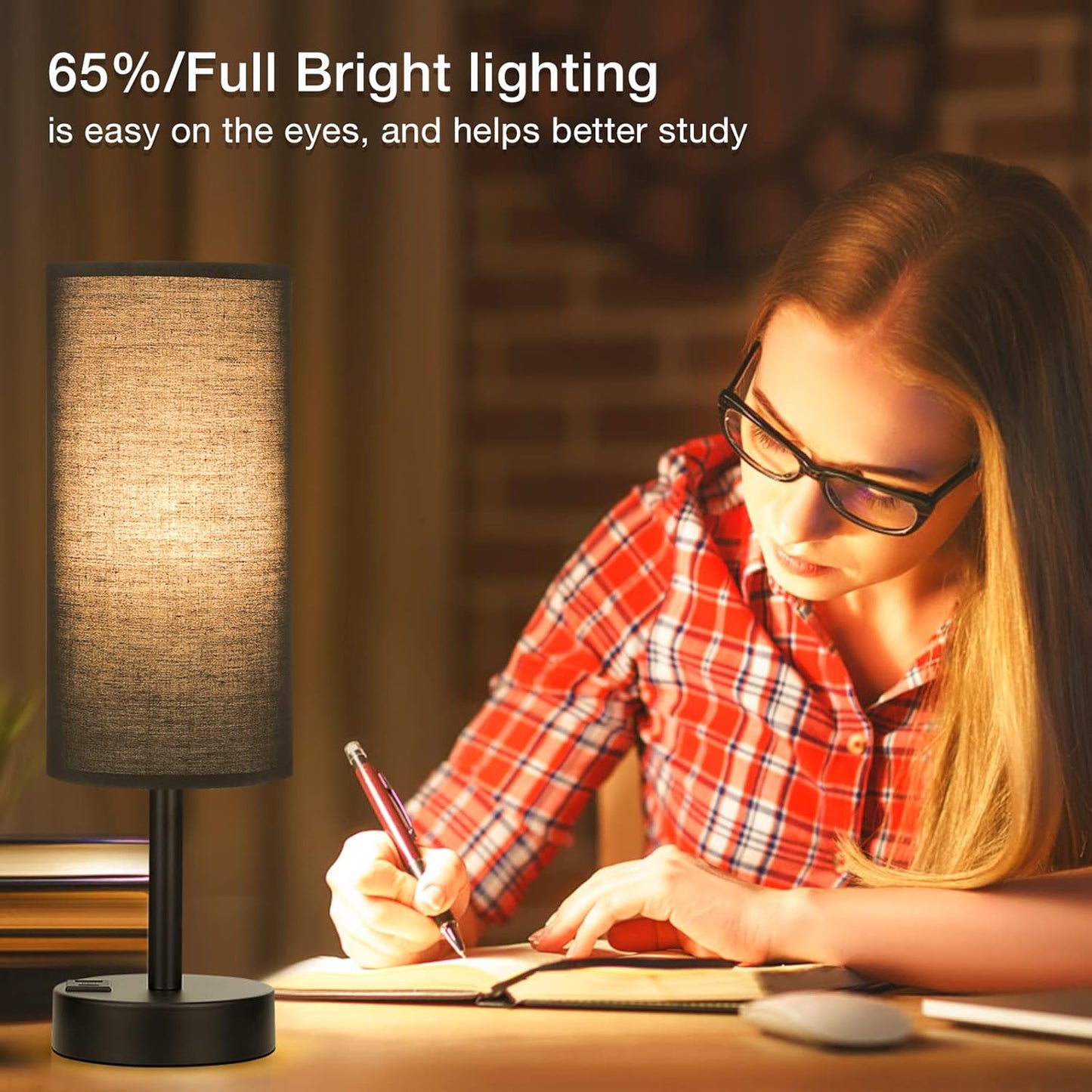 Black Touch Nightstand Lamps for Girl - Small Bedside Lamp with USB-C and USB Charging Ports, 3 Way Dimmable Control Table Lamp for Living Room Office, Dorm, Reading with Fabric Shade Black Base