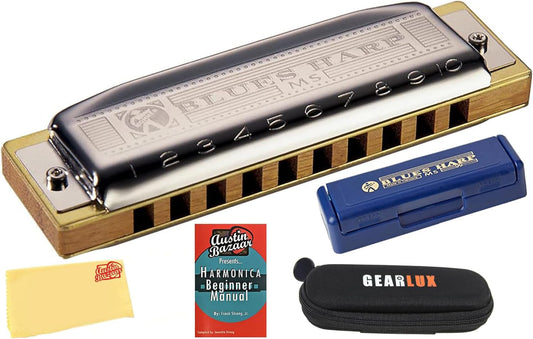 Hohner Harmonica 532 Blues Harp MS - Key of F Bundle with Zip Case, Harmonica Beginner Manual, and Austin Bazaar Polishing Cloth