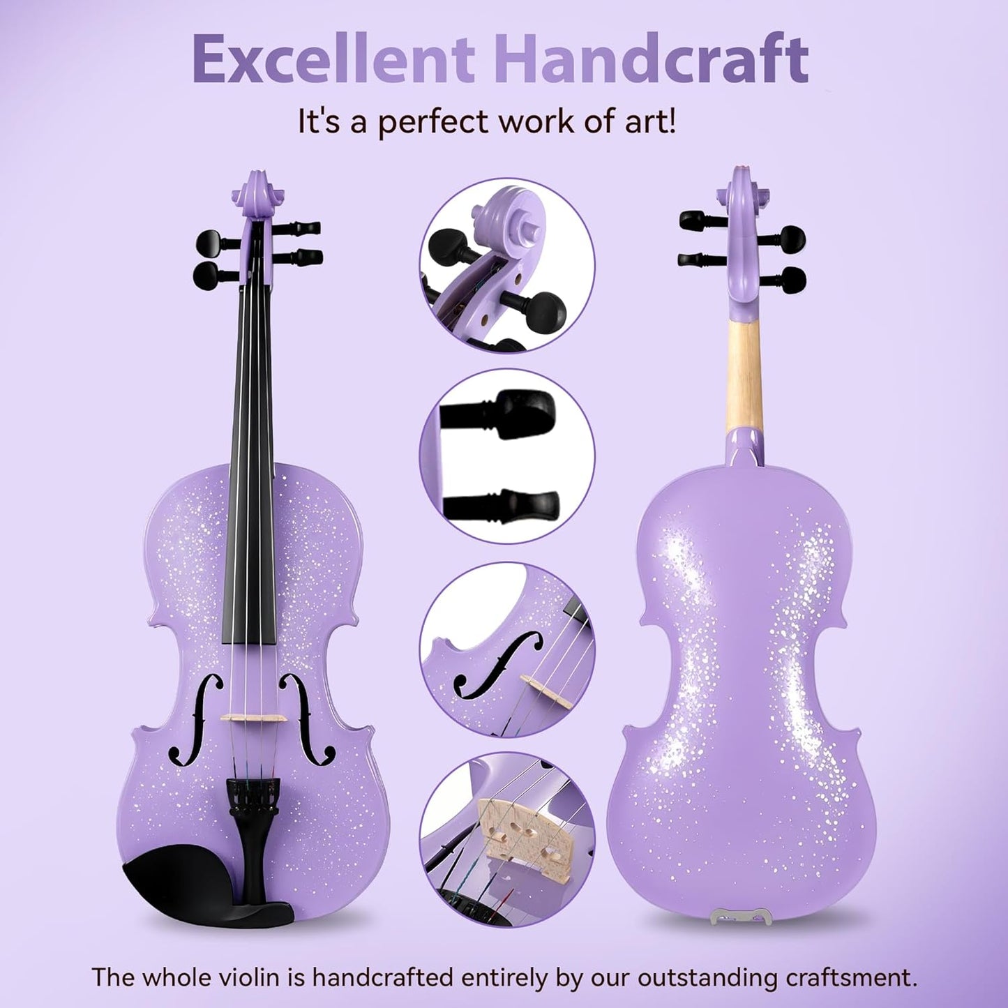 Poseidon Acoustic Violin for Beginner, Full Size Violin Set for Students with Hard Case, Extra 4/4 Strings Set, Violin Bow, Horse Bridge, Violin Rosin, Shoulder Rest, Clip-on Tuner, Manual - Purple