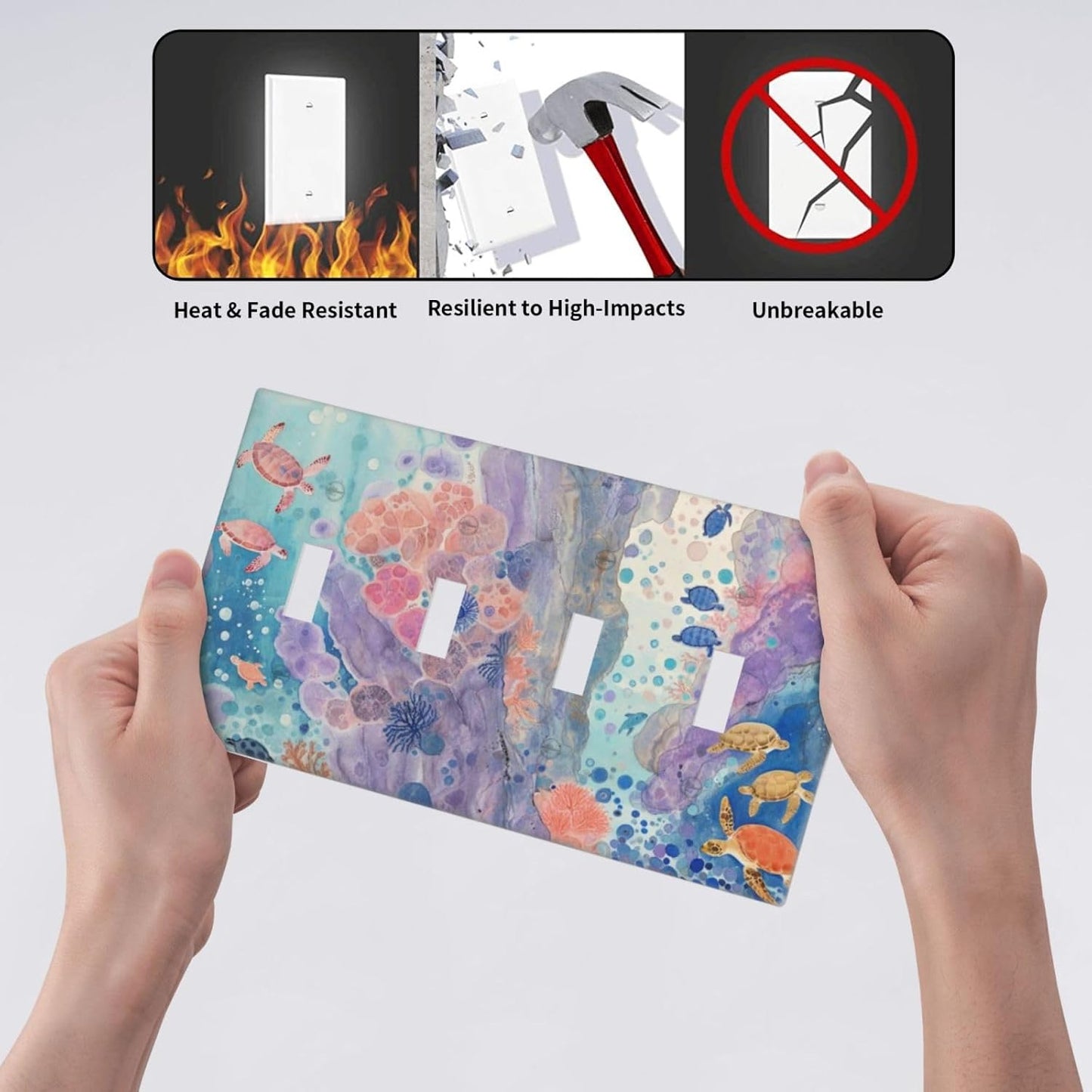 Turtle Coral Fish Watercolor Colorful Underwater World Light Switch Covers Quad Toggle Electrical Faceplate 4 Gang Wall Plate Decorative Switch Plates for Kids Room Home Decor