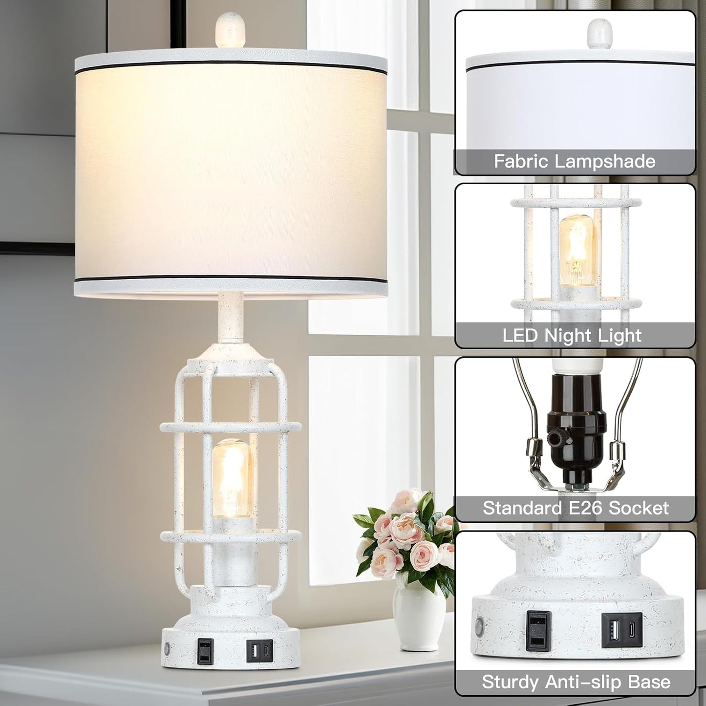 Farmhouse Industrial Lamps with USB A+C Charging Ports & AC Outlet, 3 Way Dimmable Touch Control Vintage Rustic Table lamps for Living Room, White Retro Beside Nightstand Metal Modern Lamp for Bedroom