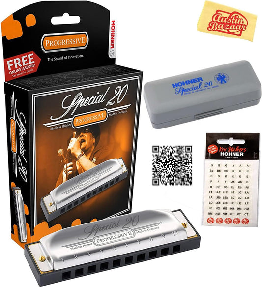 Hohner Special 20 Harmonica - Key of G Bundle with Carrying Case, Key Stickers, Online Manual, and Austin Bazaar Polishing Cloth