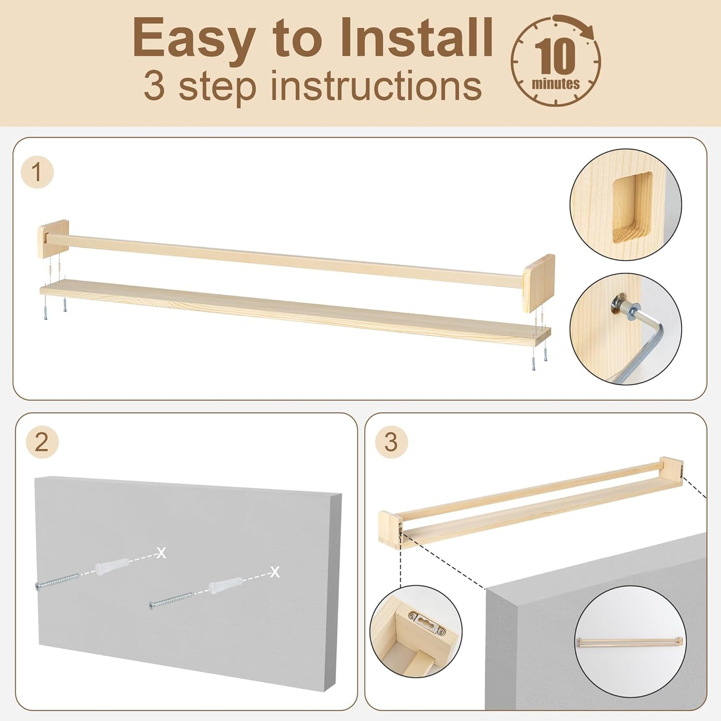 Fun Memories Nursery Book Shelves - Rustic Natural Solid Wood Floating Bookshelf for Kids - Wall Book Shelves for Kids Room (Natural, 48inch - 2P)