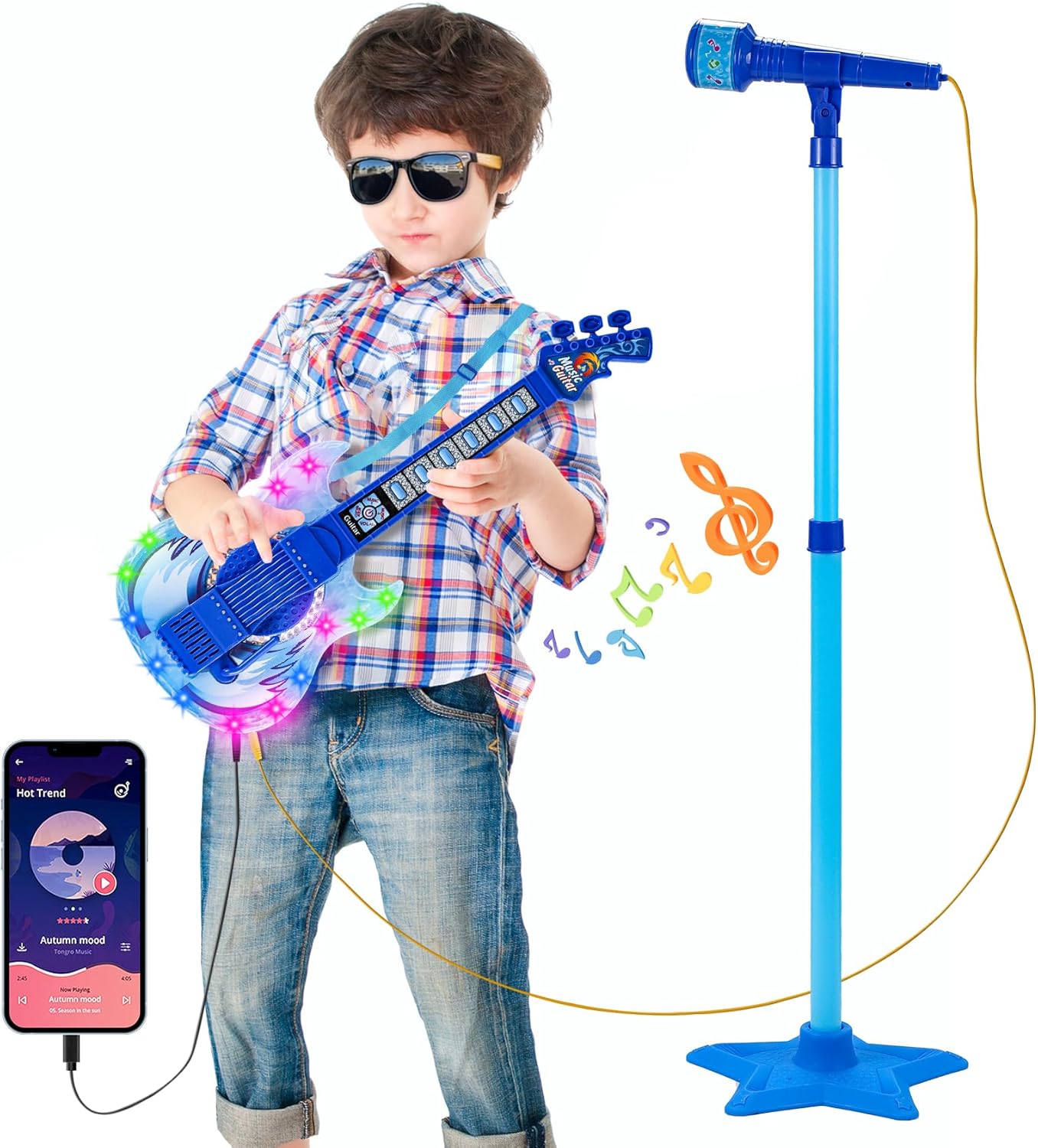 Guitar and Microphone Play Set for Boys New Upgrade,Karaoke Machine with Music&Light,Microphone Toys with Stand,Adjustable Height Guitar Toys for Kids,Toddlers,Child