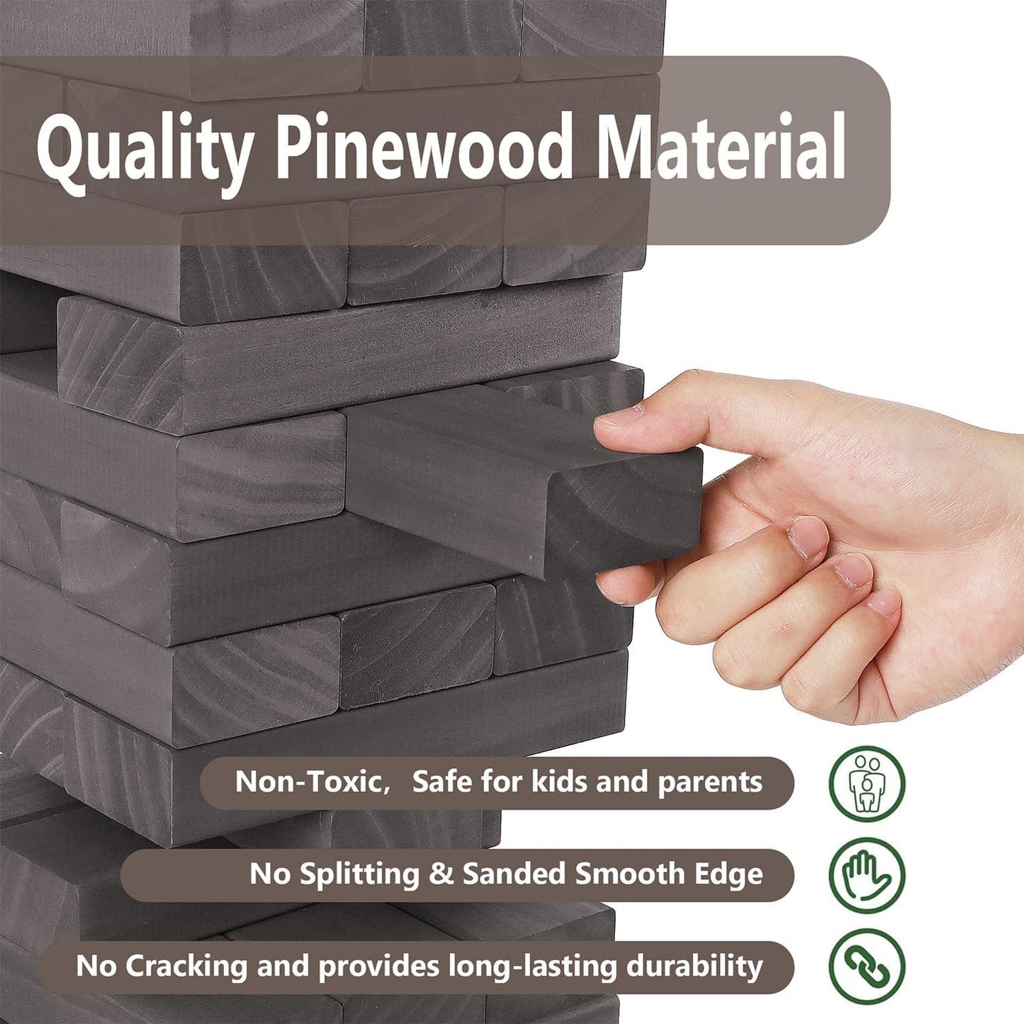 Juegoal 54 Piece Giant Tumble Tower Grey for Adult Kids Family, Wooden Block Stacking Game with Gameboard & Canvas Bag, Outdoor Games for Backyard Lawn Party Playing, 6.9 x 6.9 x 24 Inches,X-Large