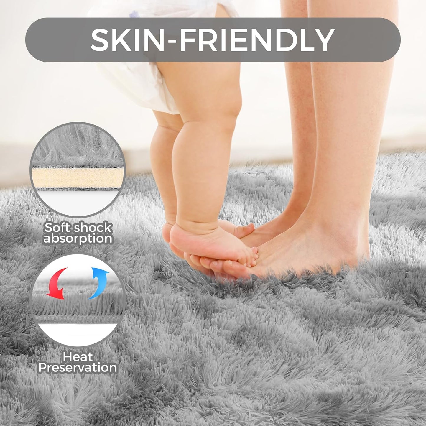 Ultra Soft Rug for Living Room, 6X9 Fluffy Shag Area Rug for Bedroom, Modern Shaggy Carpets Fuzzy Rug for Teens Dorm Nursery Home Decor Aesthetic, Upgrade Anti-Skid Durable, Tie-Dyed Light Grey