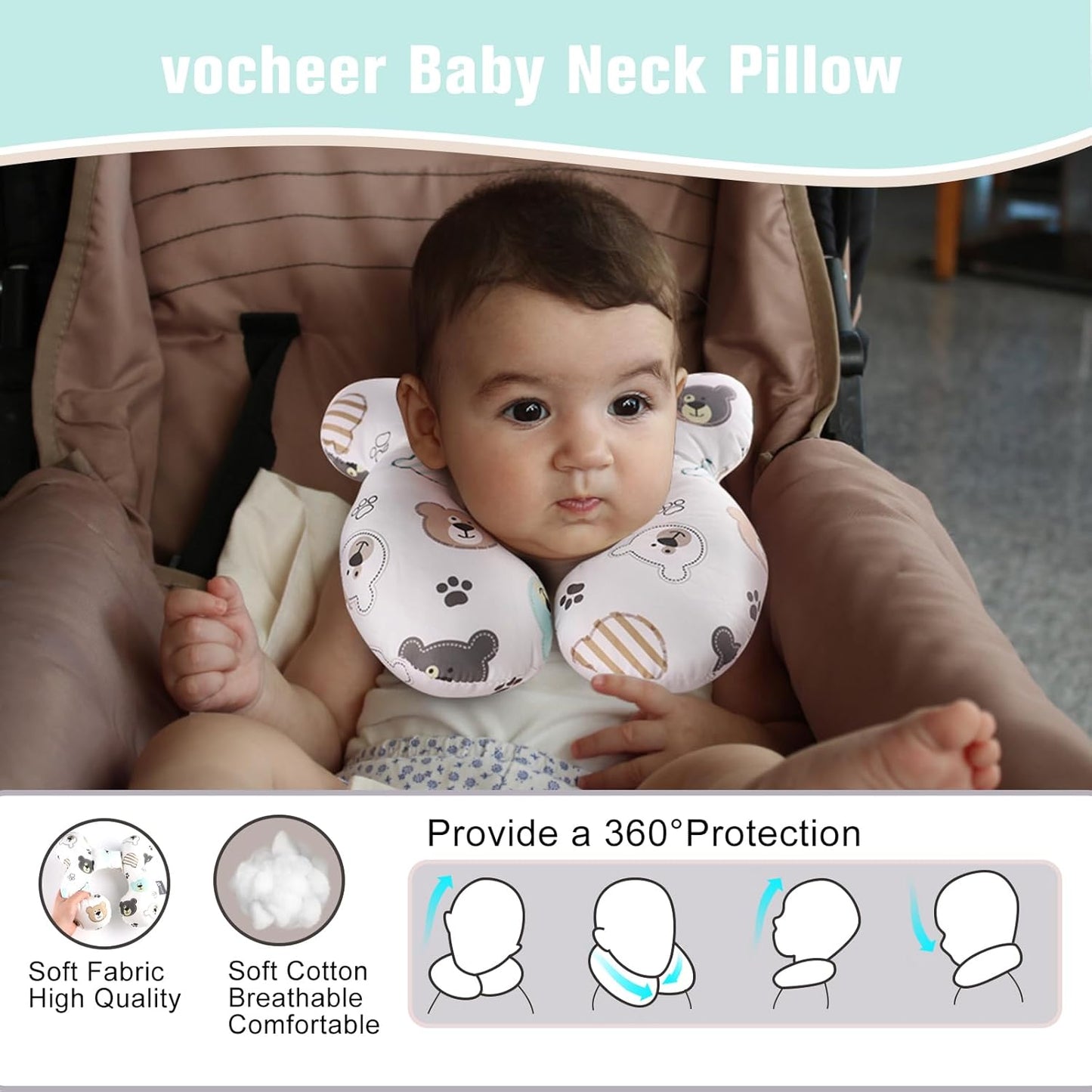 vocheer Baby Travel Pillow(Upgraded), Head and Neck Support Pillow for Pushchair, Car Seat,Stroller, Bouncer, Cotton(Bear)