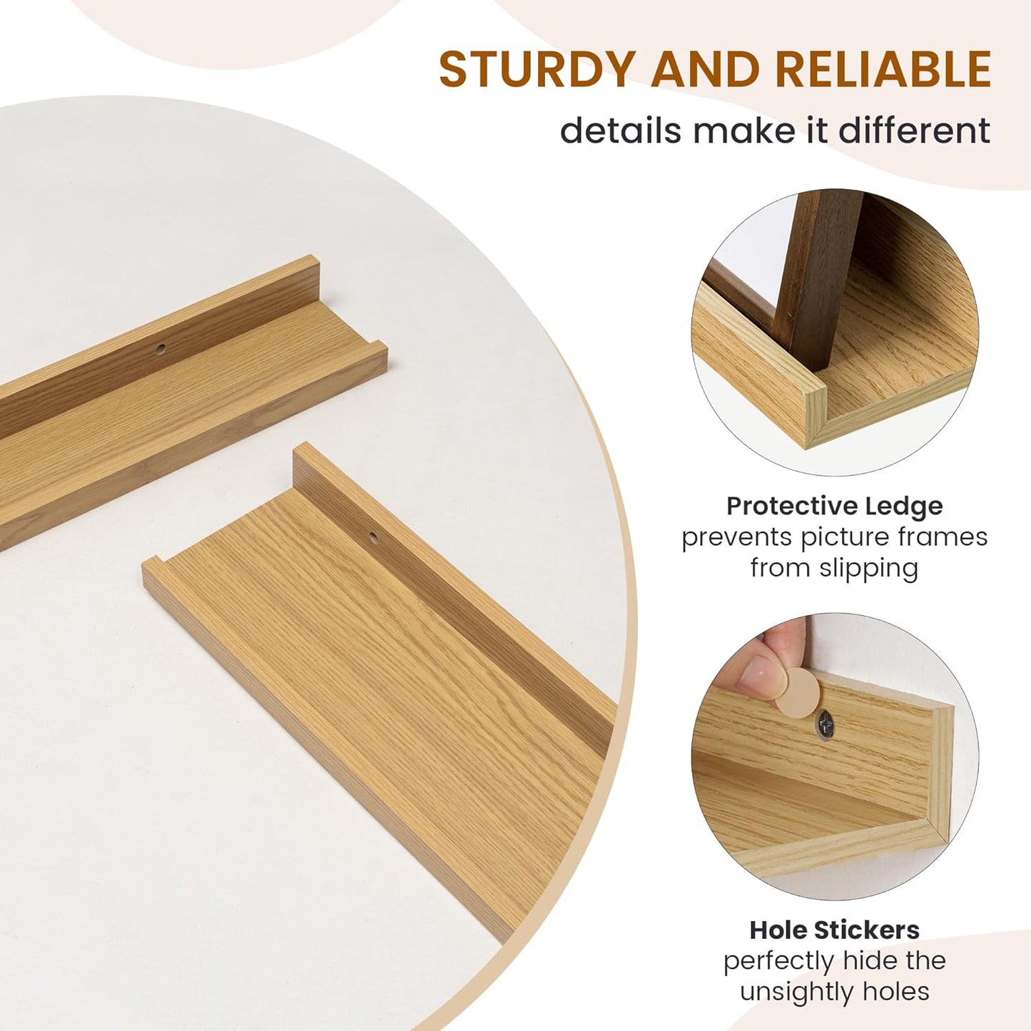 Axeman Picture Ledge Shelf, Floating Shelves for Wall Decor Storage Set of 6, 16 inch Floating Wall Mounted Shelves, Wall Shelves with Lip for Living Room, Bedroom, Nursery, Bathroom, Kitchen, Oak