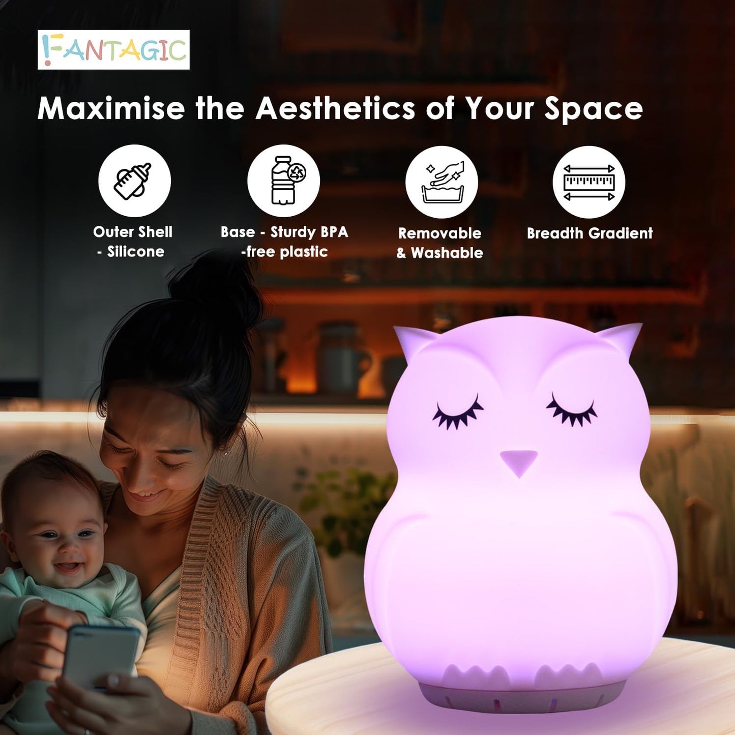 Combined Bluetooth Speaker & Nightlight With 9 Color Emissions, Child Friendly Silicone & BPA Free, USB Recharging, Receives Audio From Computer, Phone Or Tablet, and includes Remote Control (Owl)