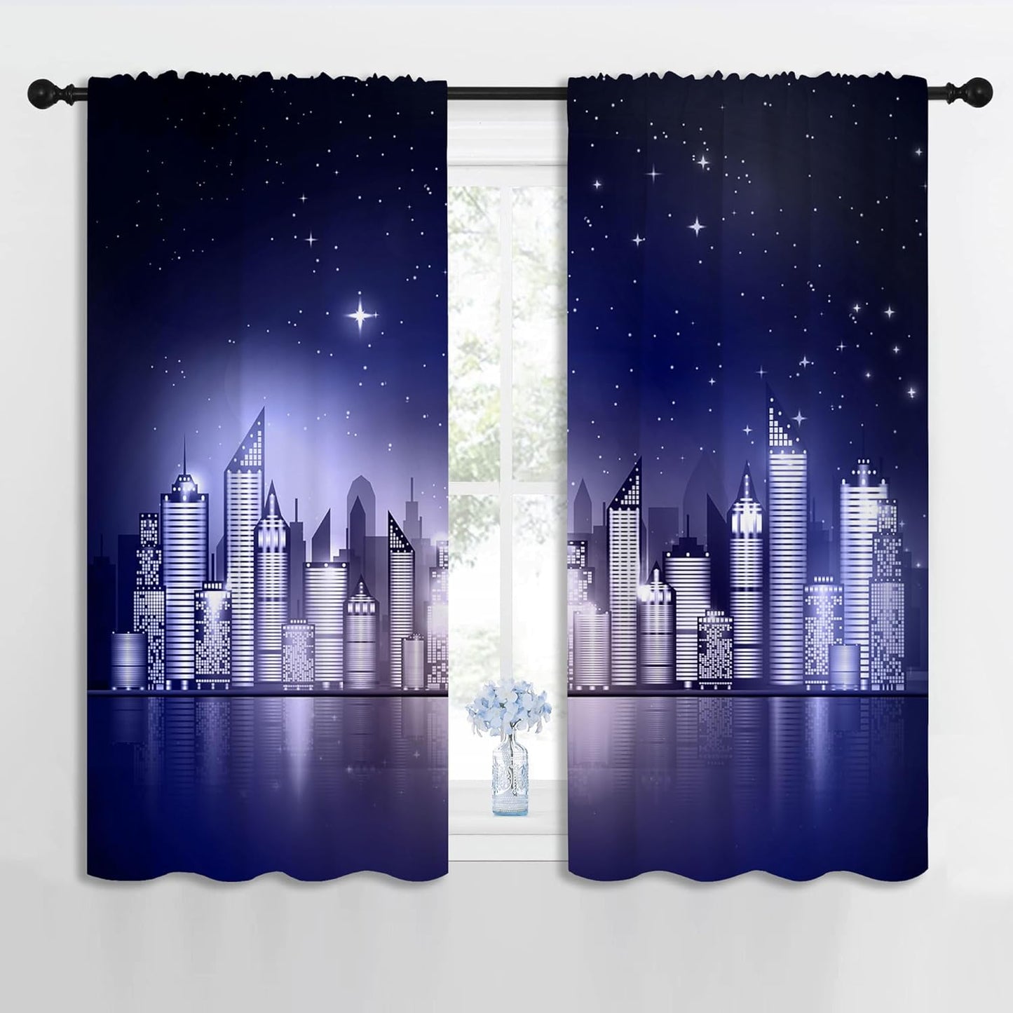 City Rod Pocket Blackout Curtains for Boy Girl Bedroom, New York Skyline Modern City Starry Sky Night View Thermal Insulated Home Window Drapes for Living Room Darkening, 42x45 inch