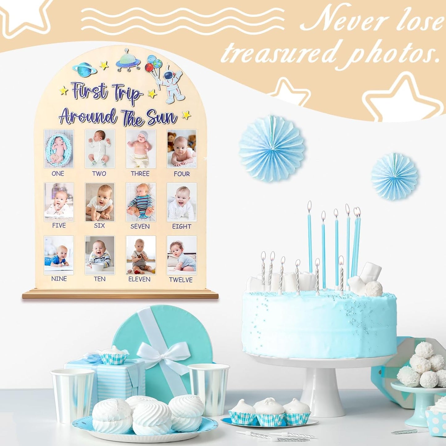Space First Trip Around The Sun Photo Board One Year Birthday Party Decoration First Year Milestone Photo Board 12 Monthly Picture Frame 1st Birthday Banner for Baby Boy Keepsake Gift Supply 2x2.8In