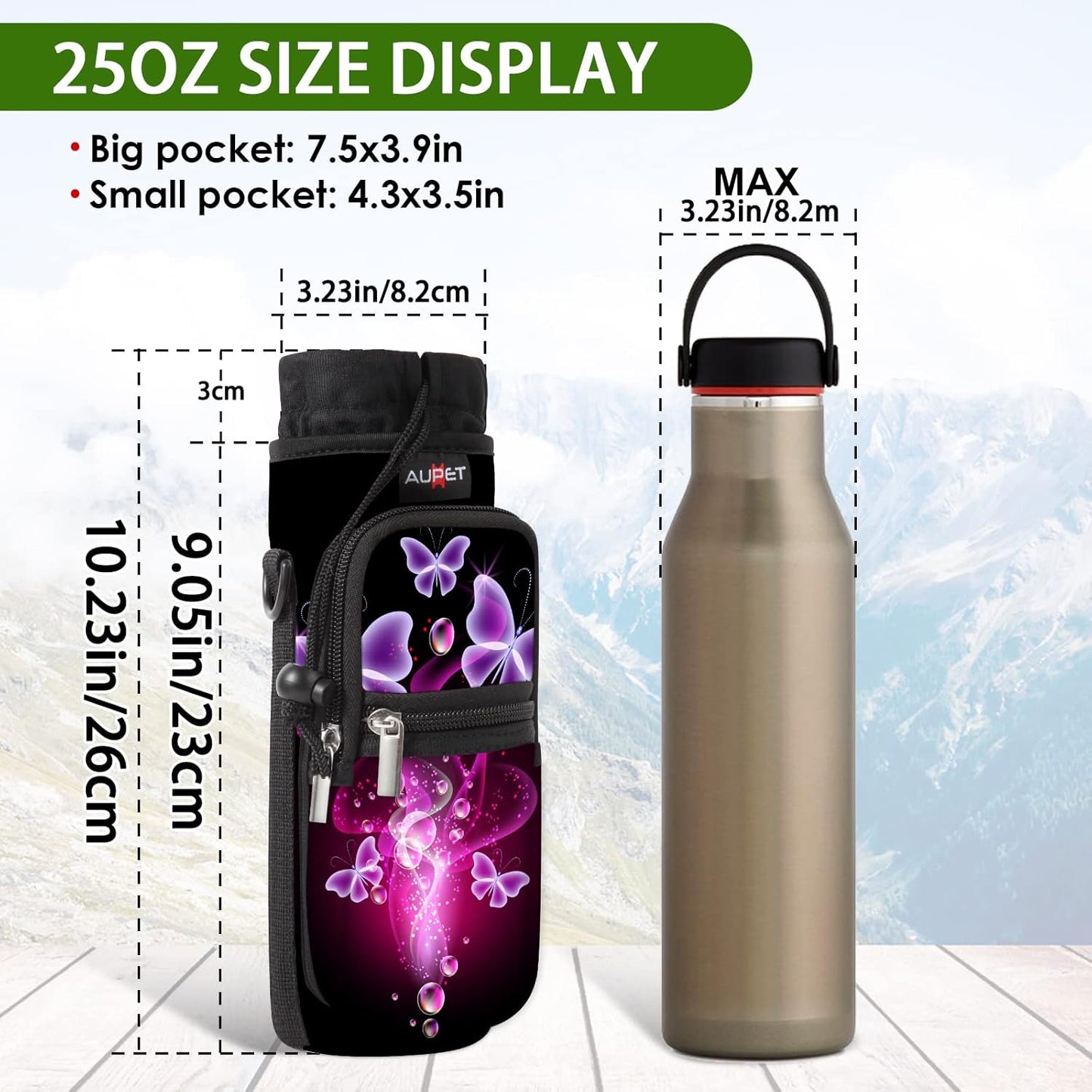 AUPET Water Bottle Sling Bag Sleeve Holder Carrier 25/32/40/64 oz,Insulated Crossbody Water Bottle Case Cover with Strap and Pockets for Men/Women Walking Hiking