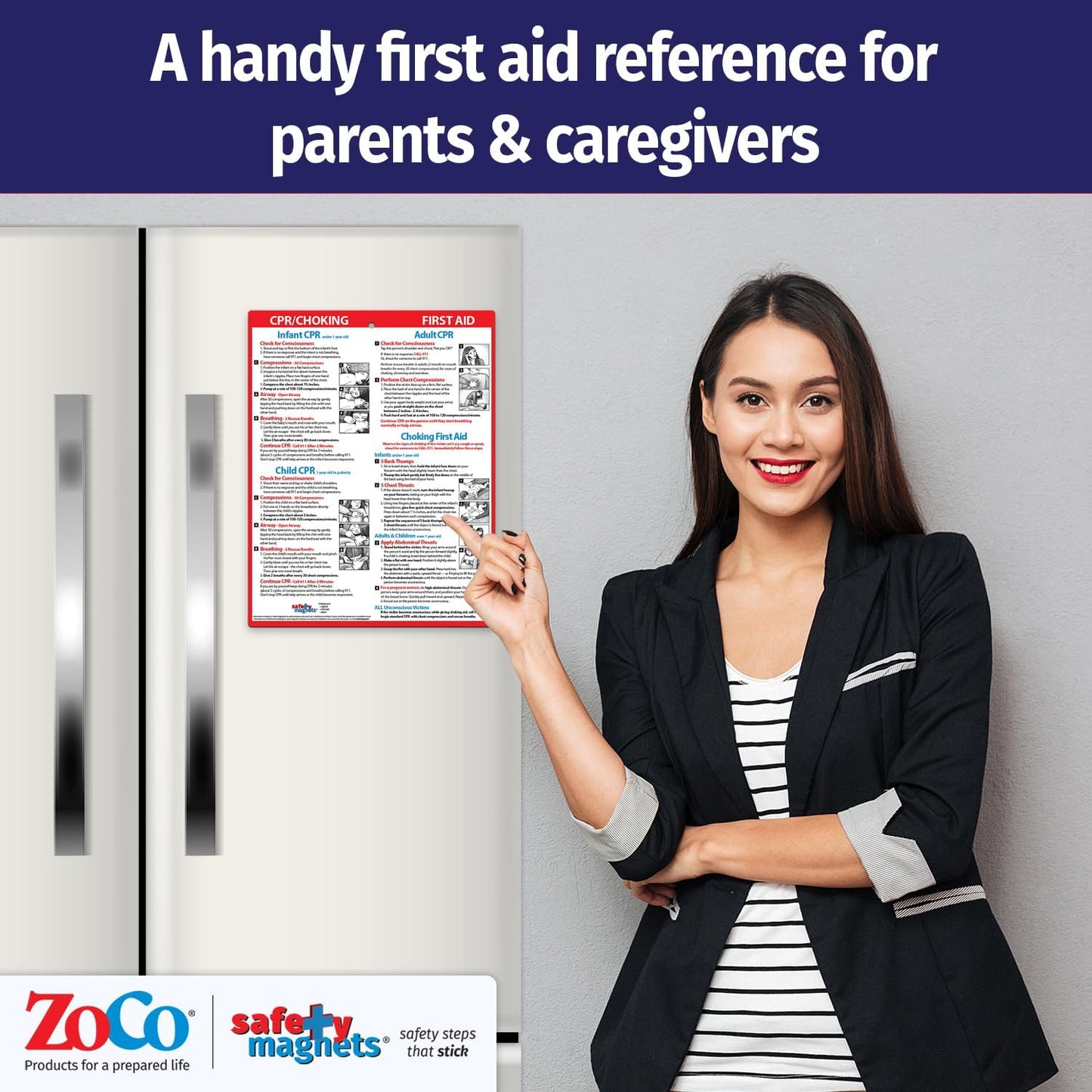 Safety Magnets by ZOCO – CPR & Choking Fridge Magnet (2-Pack) – First Aid Instructions for Infants, Children, & Adults – Heimlich Maneuver Laminated Card 8.5" x 11"