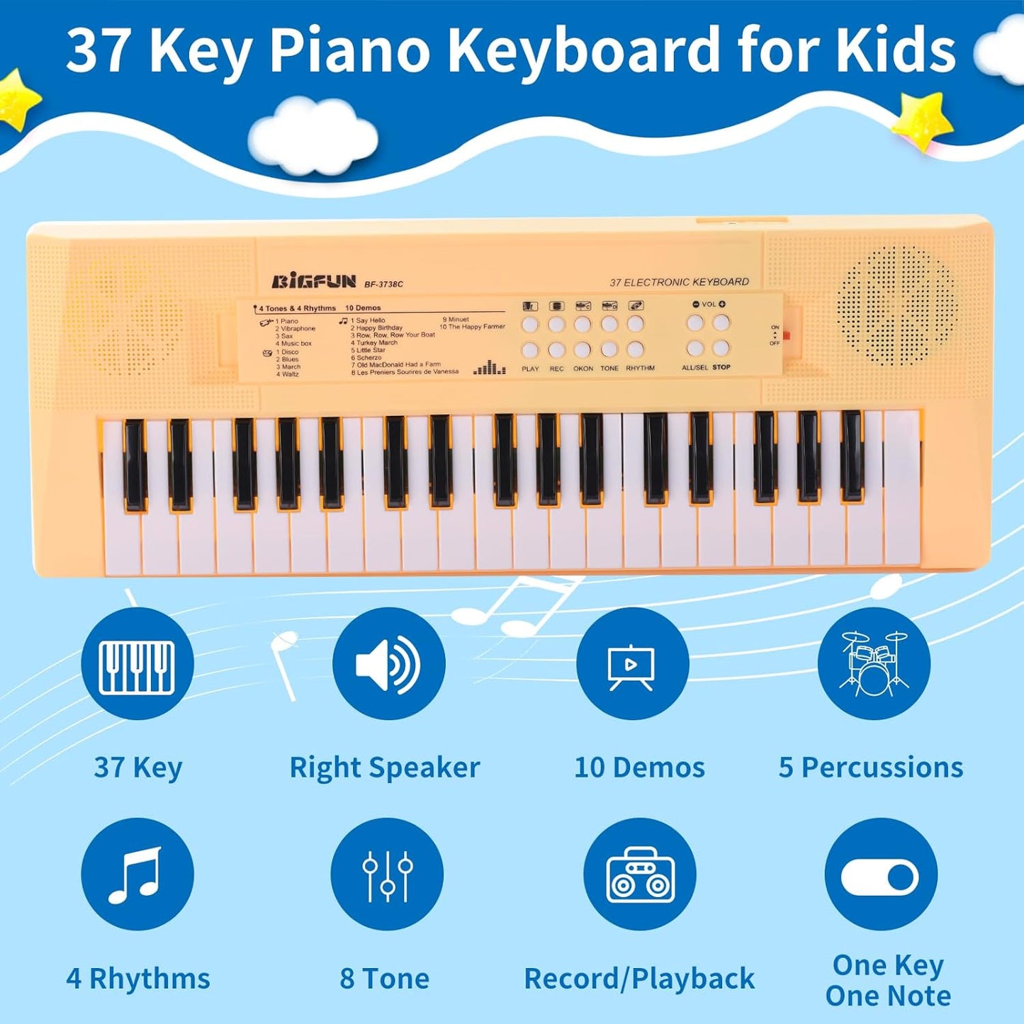 Kids Piano Keyboard, 37 Keys Portable Music Keyboard Early Learning Educational Electronic Music Piano Instrument Toys for 3 4 5 6 Year Old Boys and Girls (Yellow)