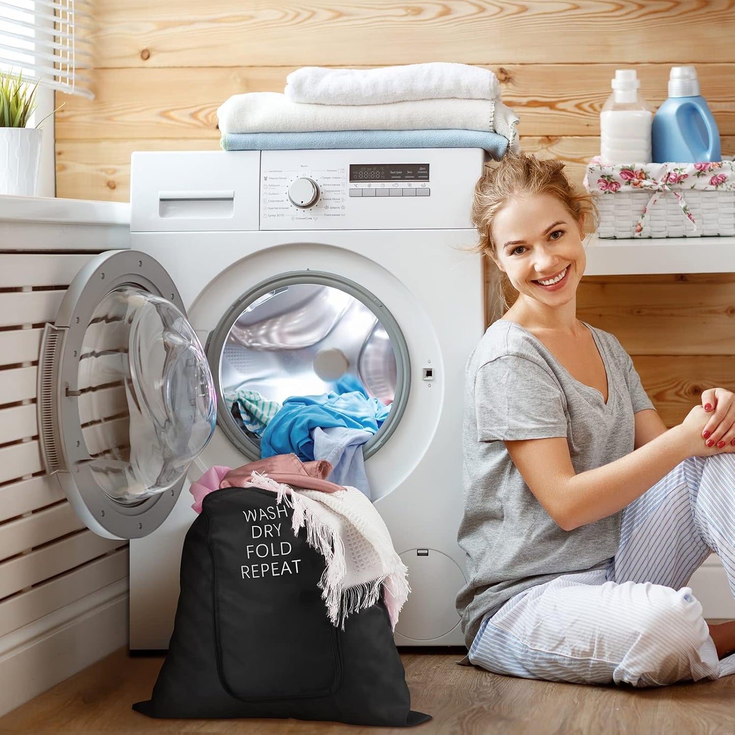 2 Pcs Travel Laundry Bag Washable Dirty Clothes Bag with Drawstring and Zipper for Suitcase, 22 x 18 Inch (Black, Gray,Classic)