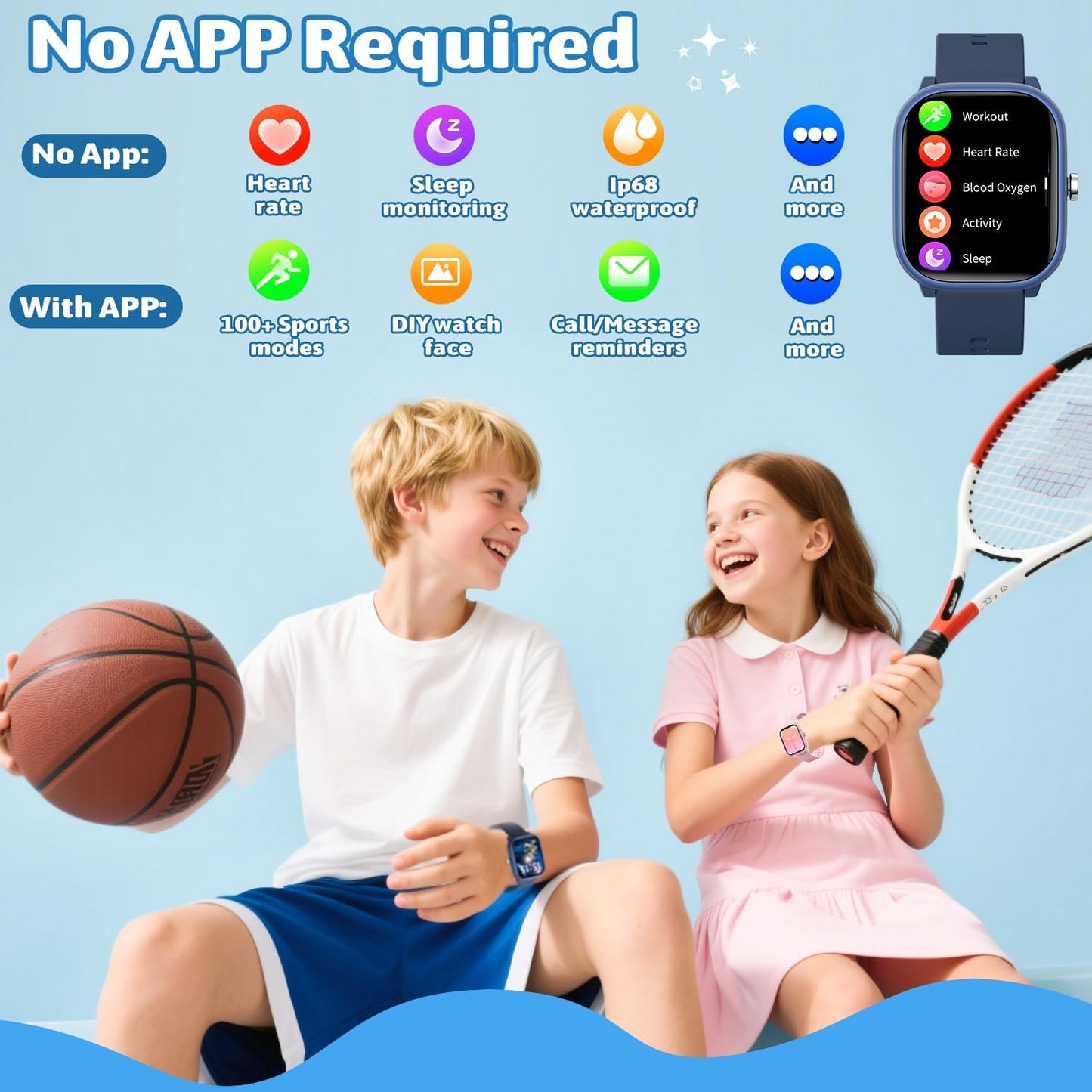 Smart Watch for Kids Girls Boys No APP/Phone Needed, 1.8" IP68 Waterproof Sport Kids Watch Pedometer, Heart Rate, Sleep Monitor, Step Counter, 12 Puzzle Games for Girls Boys Teens 6-16