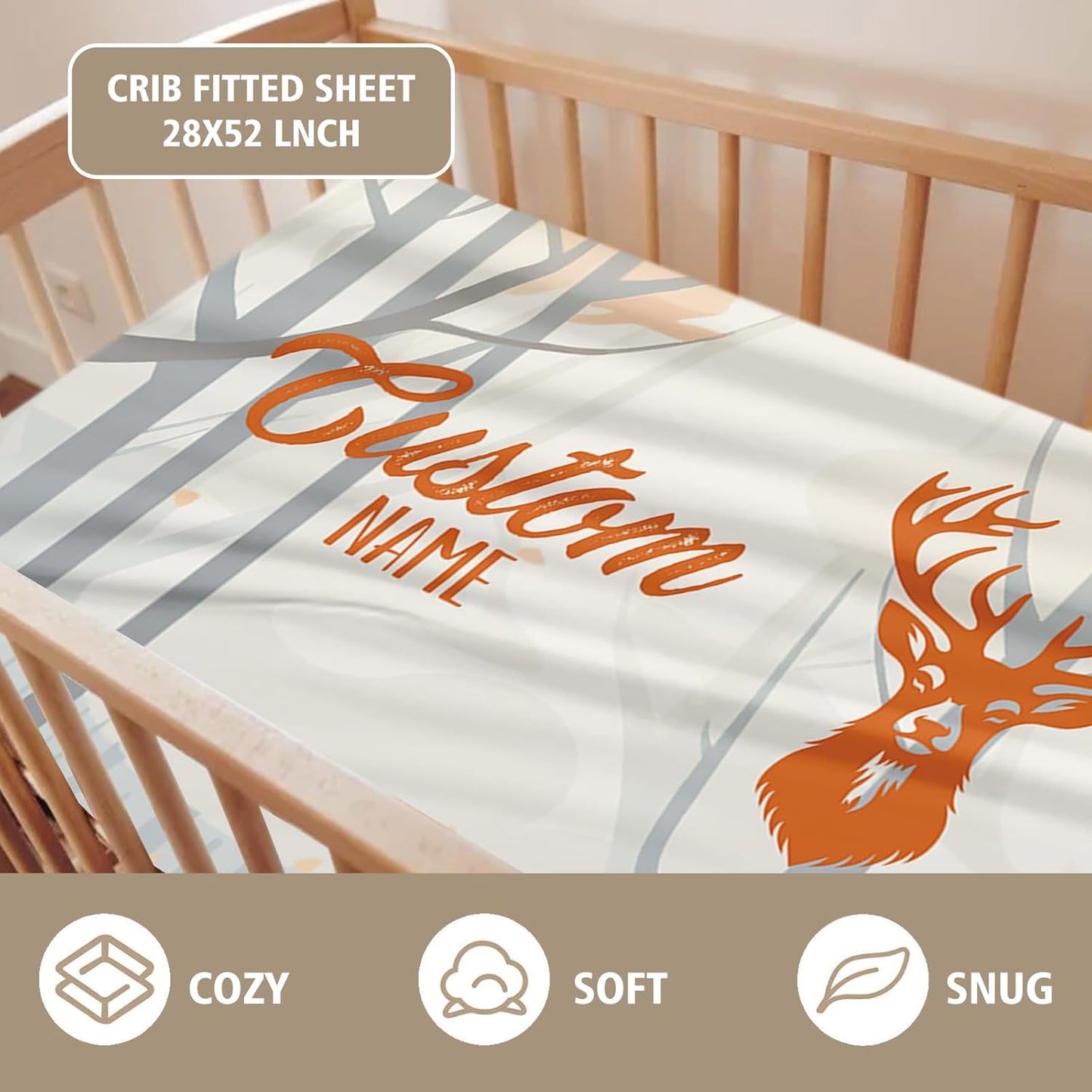 Custom Name Crib Bedding Set - Orange Sika Deer Pattern, Personalized Nursery Bedding 3-Piece Set– Soft Blanket, Fitted Sheet, Changing Pad Cover – for Newborns Girls Nursery Gifts