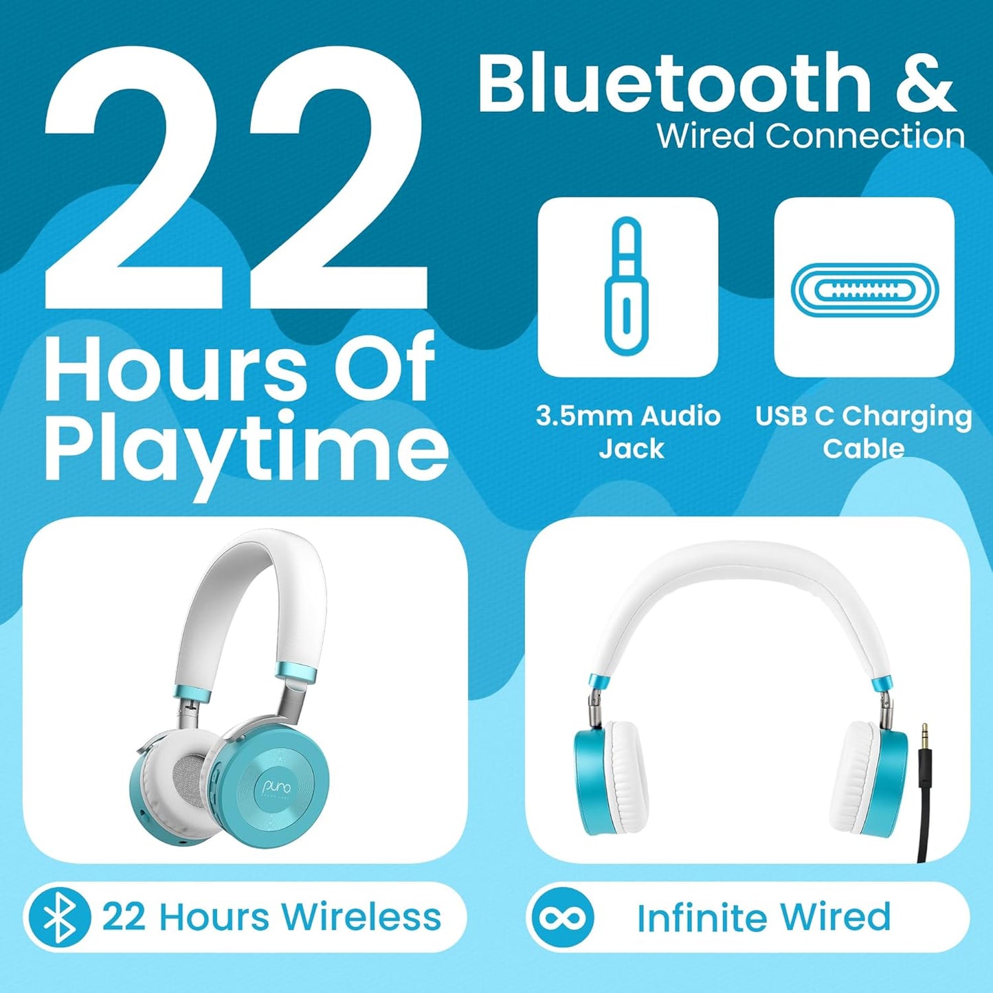 Puro Sound Labs JuniorJam Plus Volume-Limiting Wireless Bluetooth Headphones for Kids, Secure Audio with Adjustable On-Ear Design, 22-Hour Battery, Ideal for Tablets, Smartphones & PCs - Teal